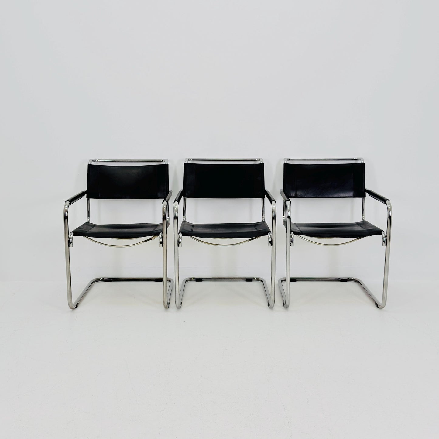 Set of 3 Iconic Black Leather S34 Cantilever Chairs by Mart Stam for Thonet – Bauhaus Design, 1980s
