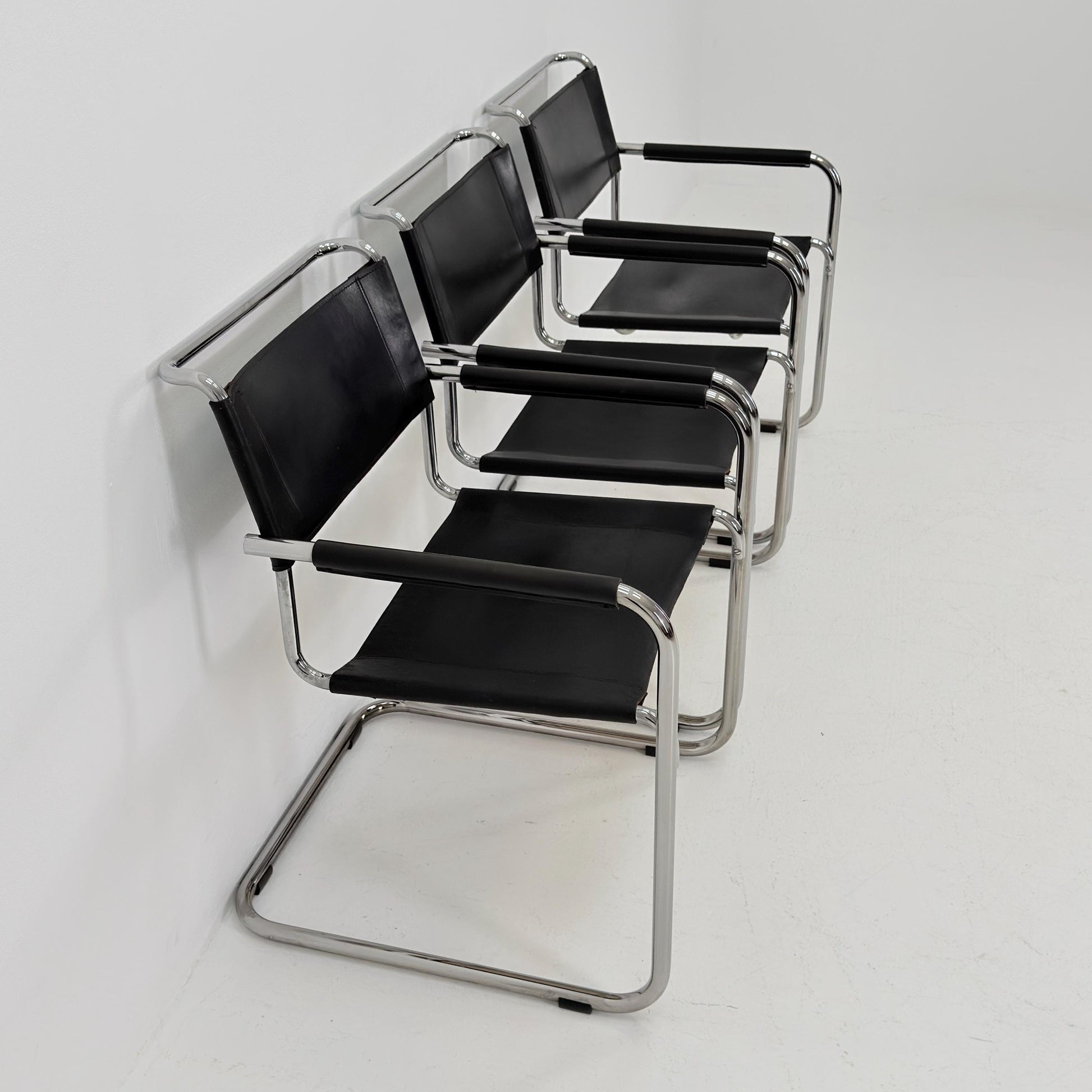 Set of 3 Iconic Black Leather S34 Cantilever Chairs by Mart Stam for Thonet – Bauhaus Design, 1980s