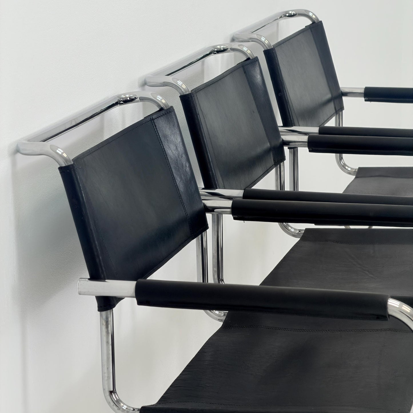 Set of 3 Iconic Black Leather S34 Cantilever Chairs by Mart Stam for Thonet – Bauhaus Design, 1980s