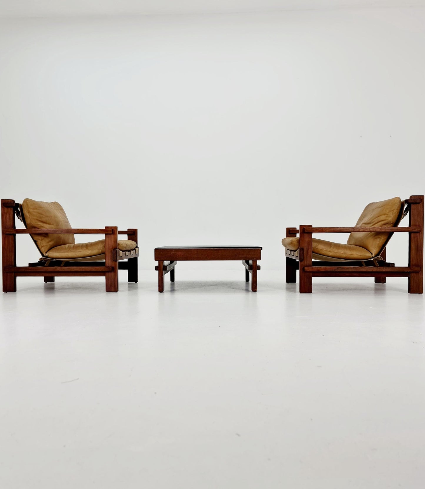 mid century armchairs Set with coffe table in leather and wood By Carl Straub Germany , 1960s