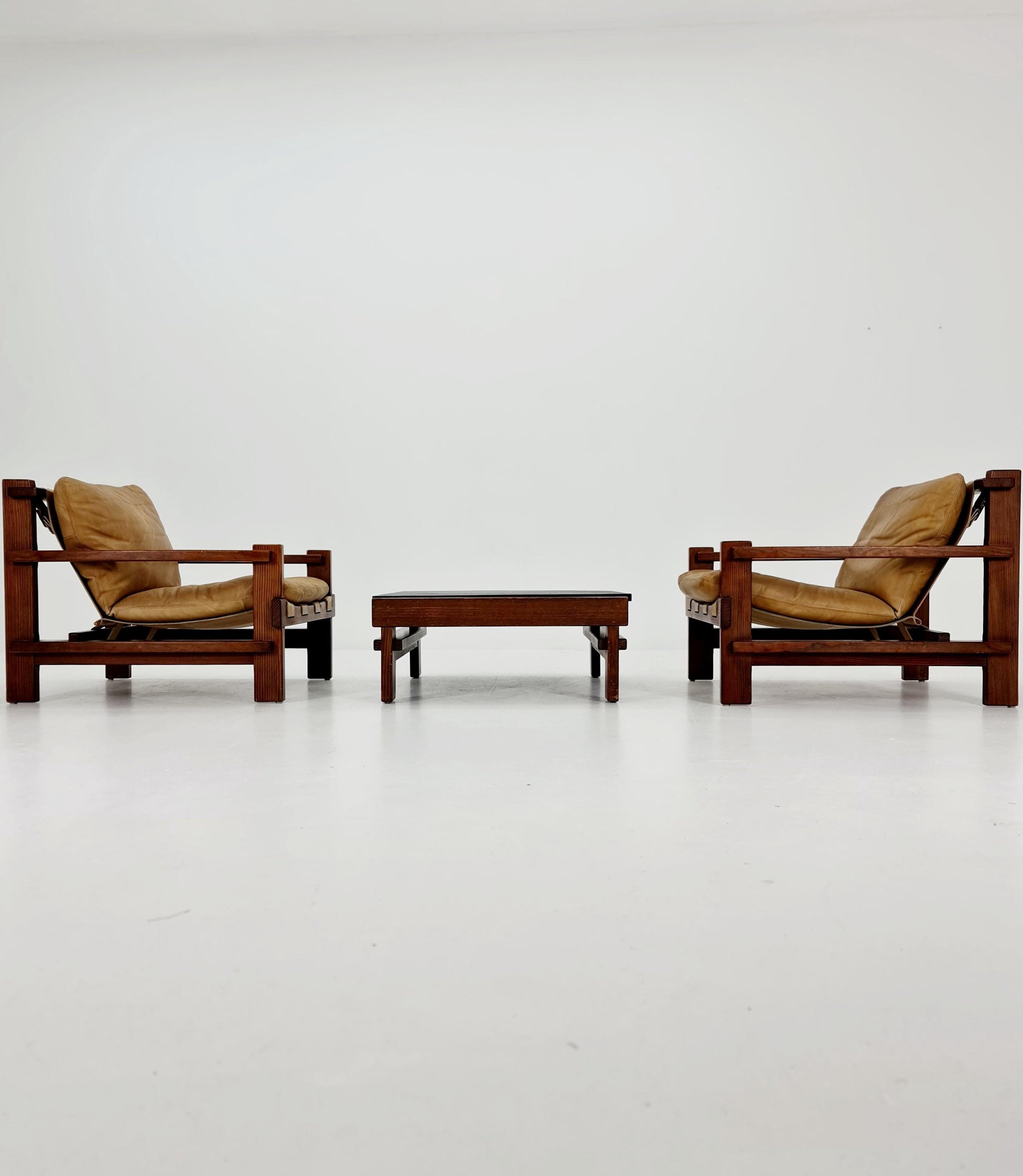 mid century armchairs Set with coffe table in leather and wood By Carl Straub Germany , 1960s
