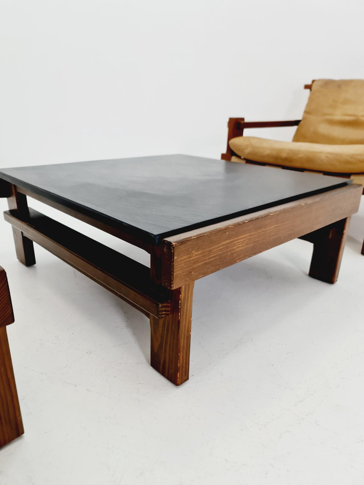 mid century armchairs Set with coffe table in leather and wood By Carl Straub Germany , 1960s