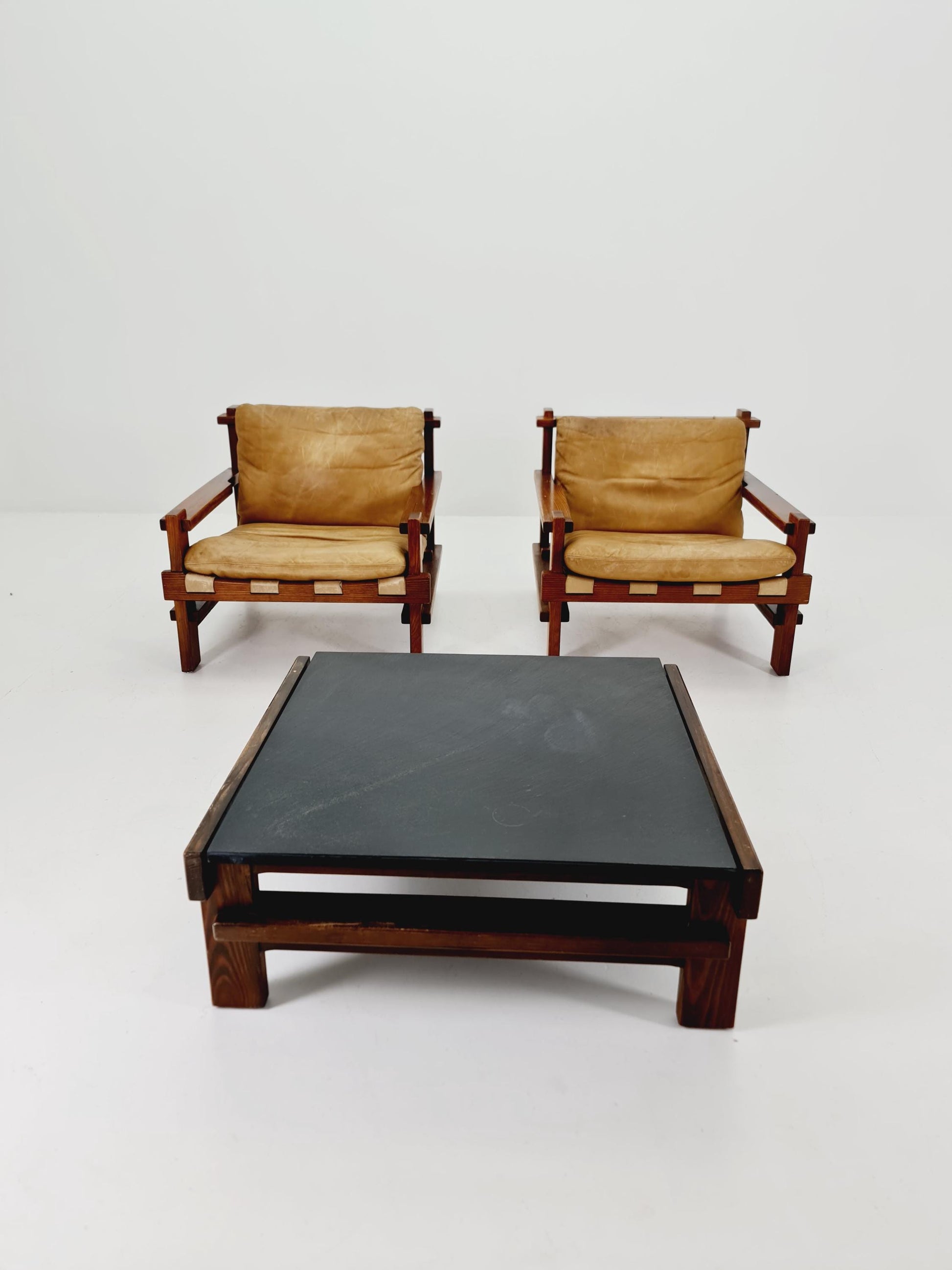 mid century armchairs Set with coffe table in leather and wood By Carl Straub Germany , 1960s