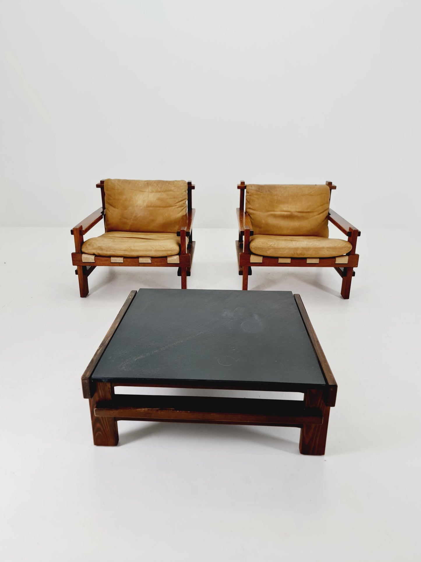 mid century armchairs Set with coffe table in leather and wood By Carl Straub Germany , 1960s