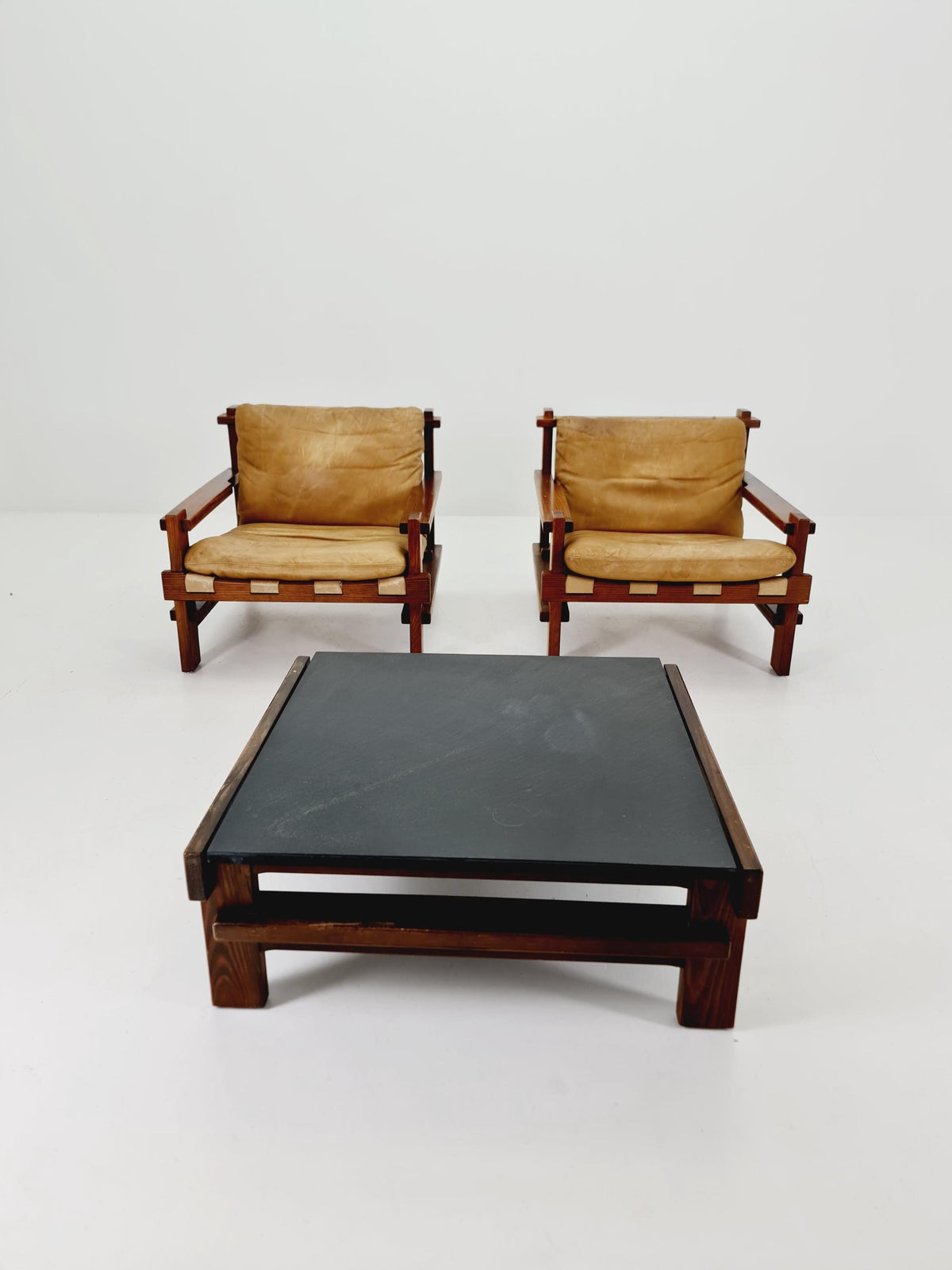 mid century armchairs Set with coffe table in leather and wood By Carl Straub Germany , 1960s