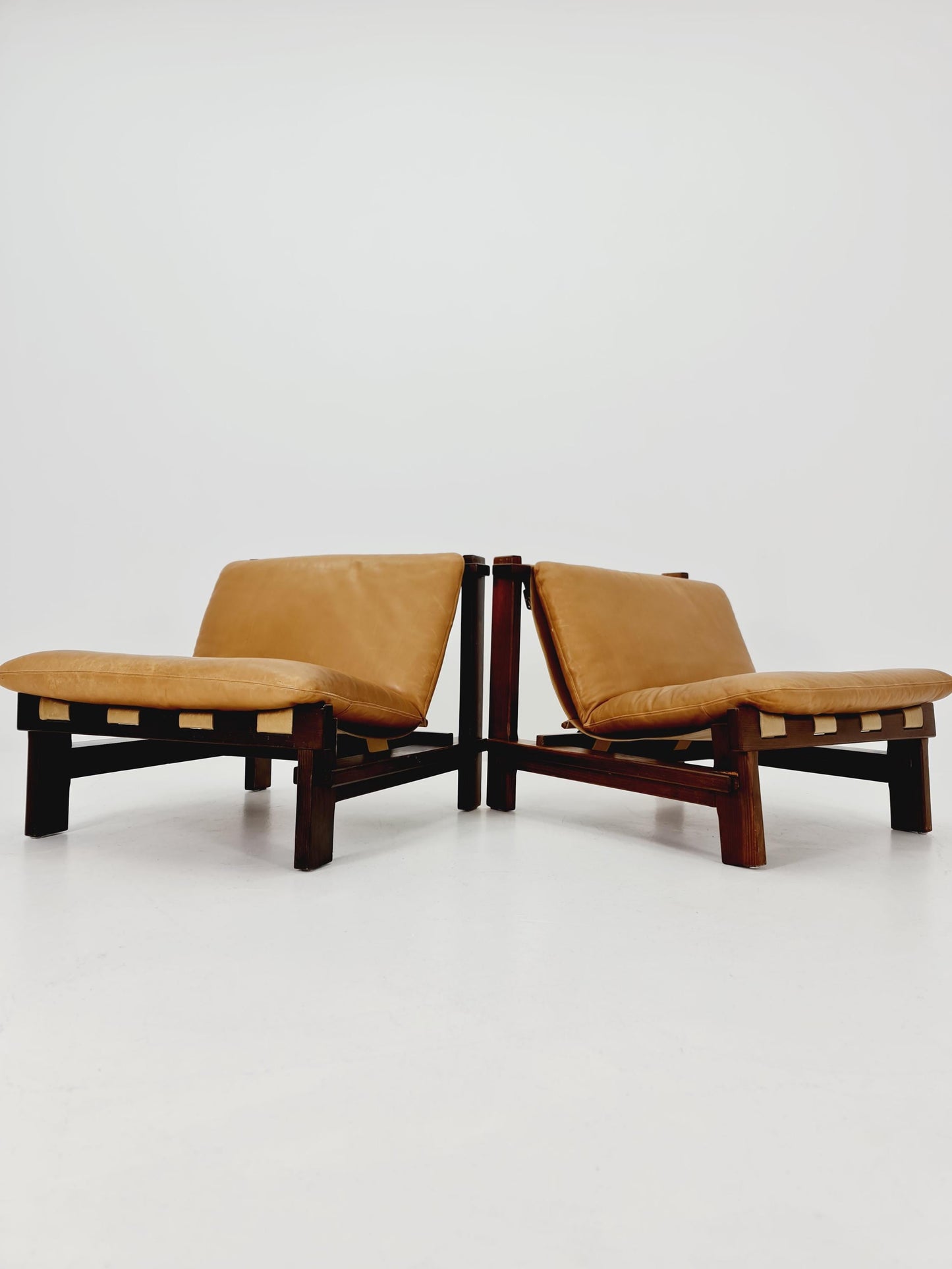 1 of 2 mid century armchairs in leather and wood By Carl Straub Germany , 1960s