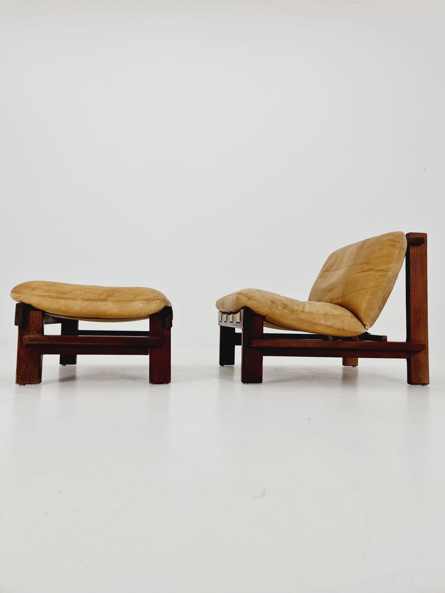mid century lounge chair with ottoman in leather and wood By Carl Straub Germany , 1960s