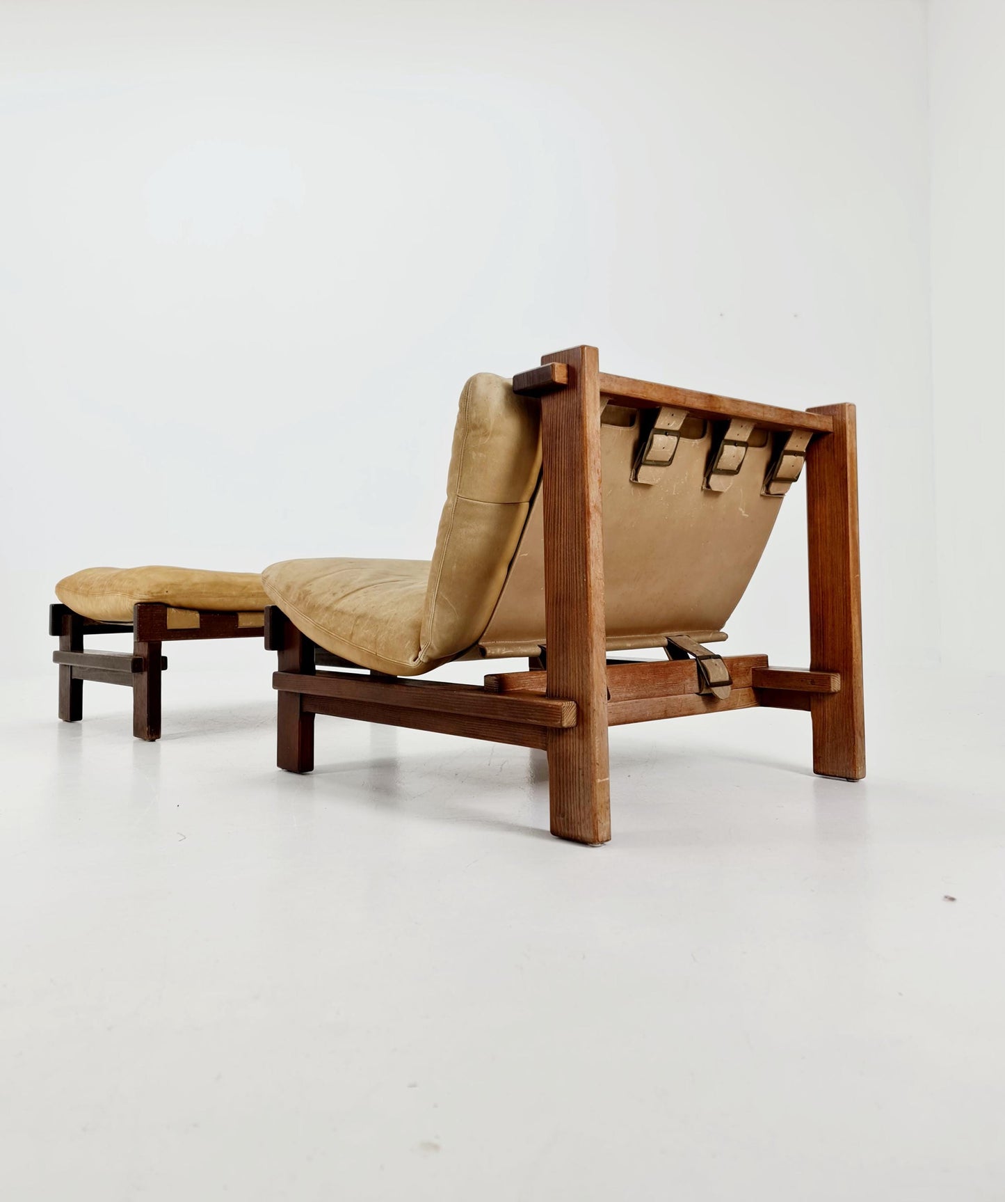 mid century lounge chair with ottoman in leather and wood By Carl Straub Germany , 1960s