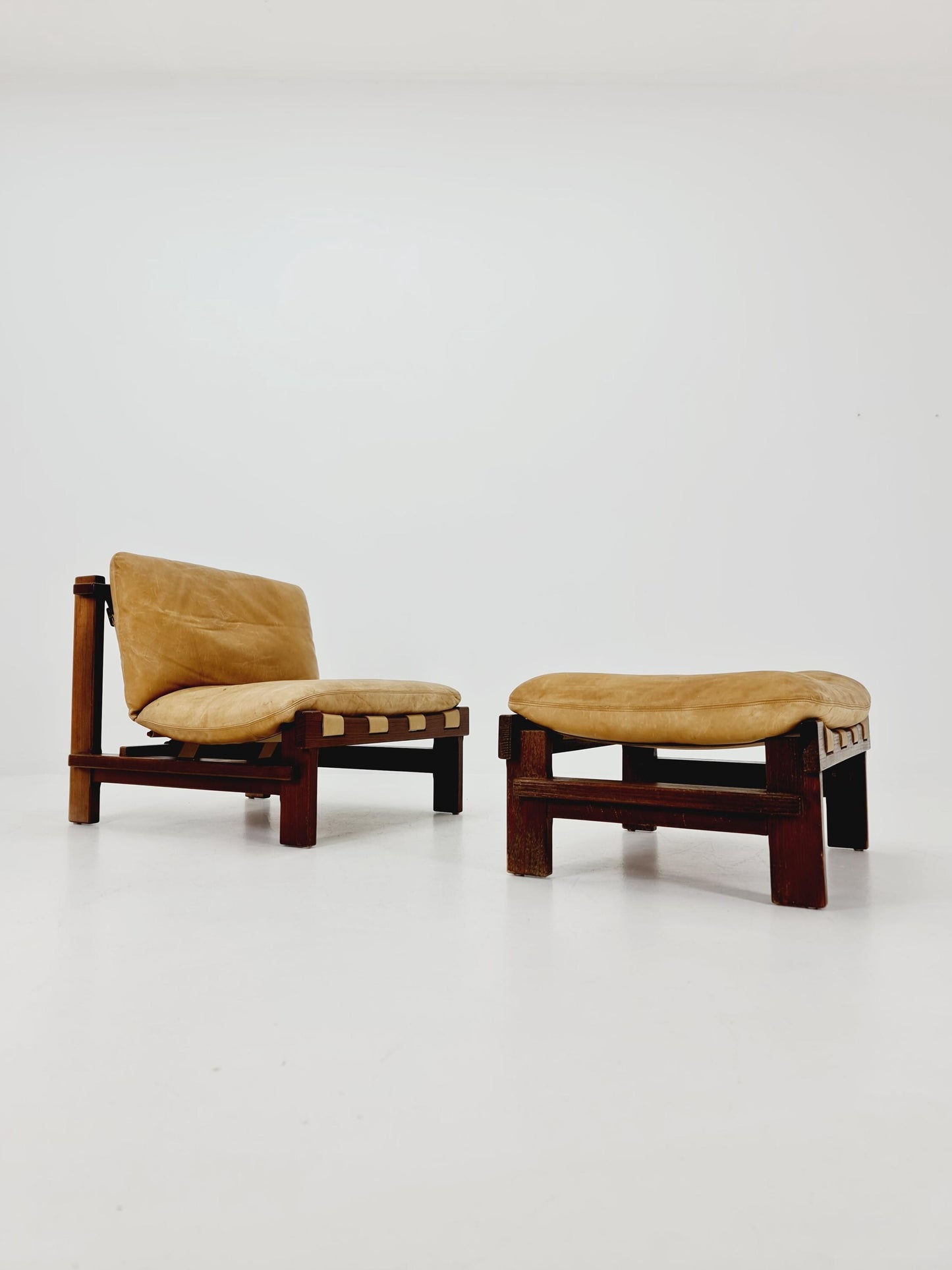 mid century lounge chair with ottoman in leather and wood By Carl Straub Germany , 1960s