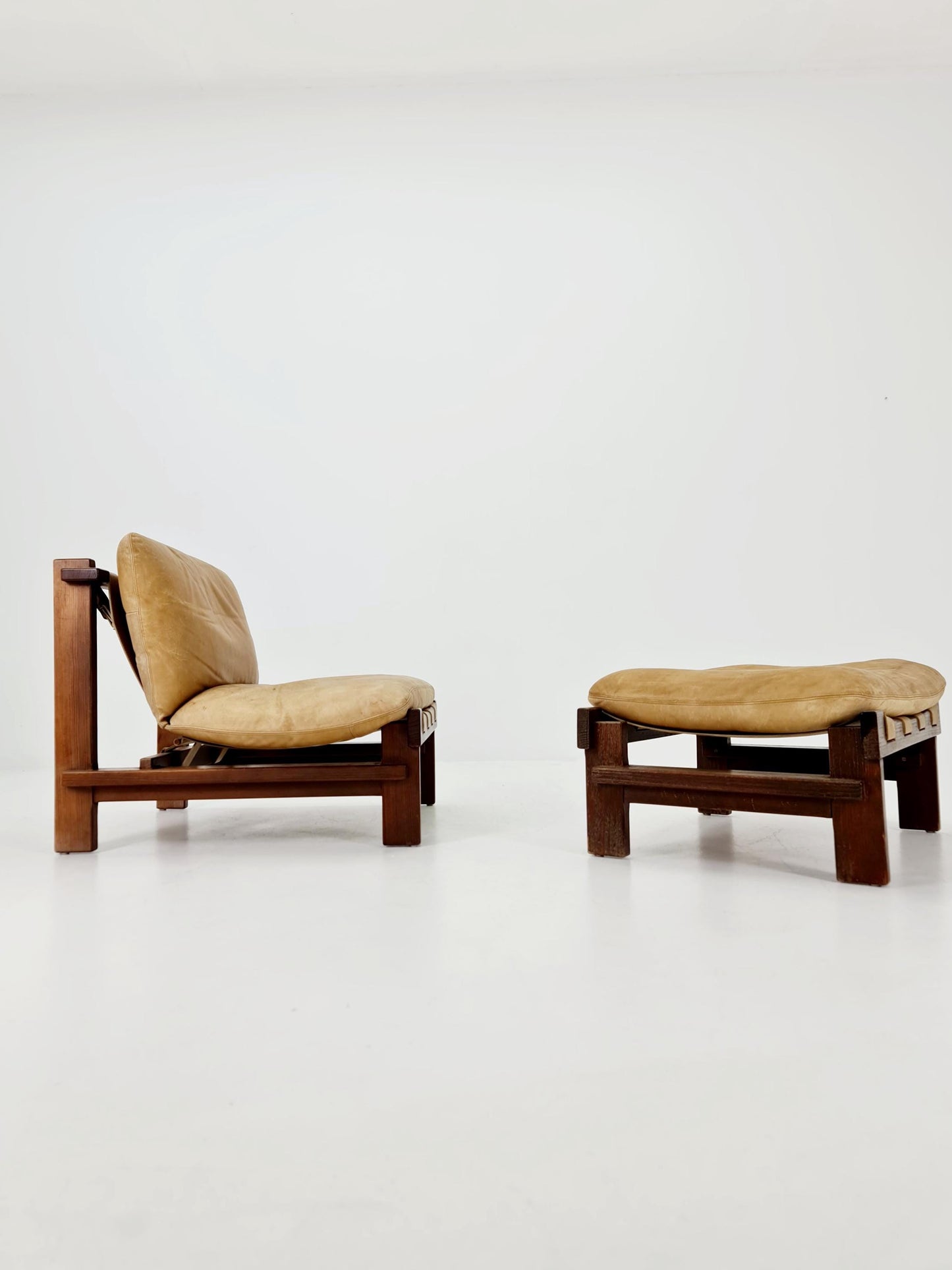 mid century lounge chair with ottoman in leather and wood By Carl Straub Germany , 1960s
