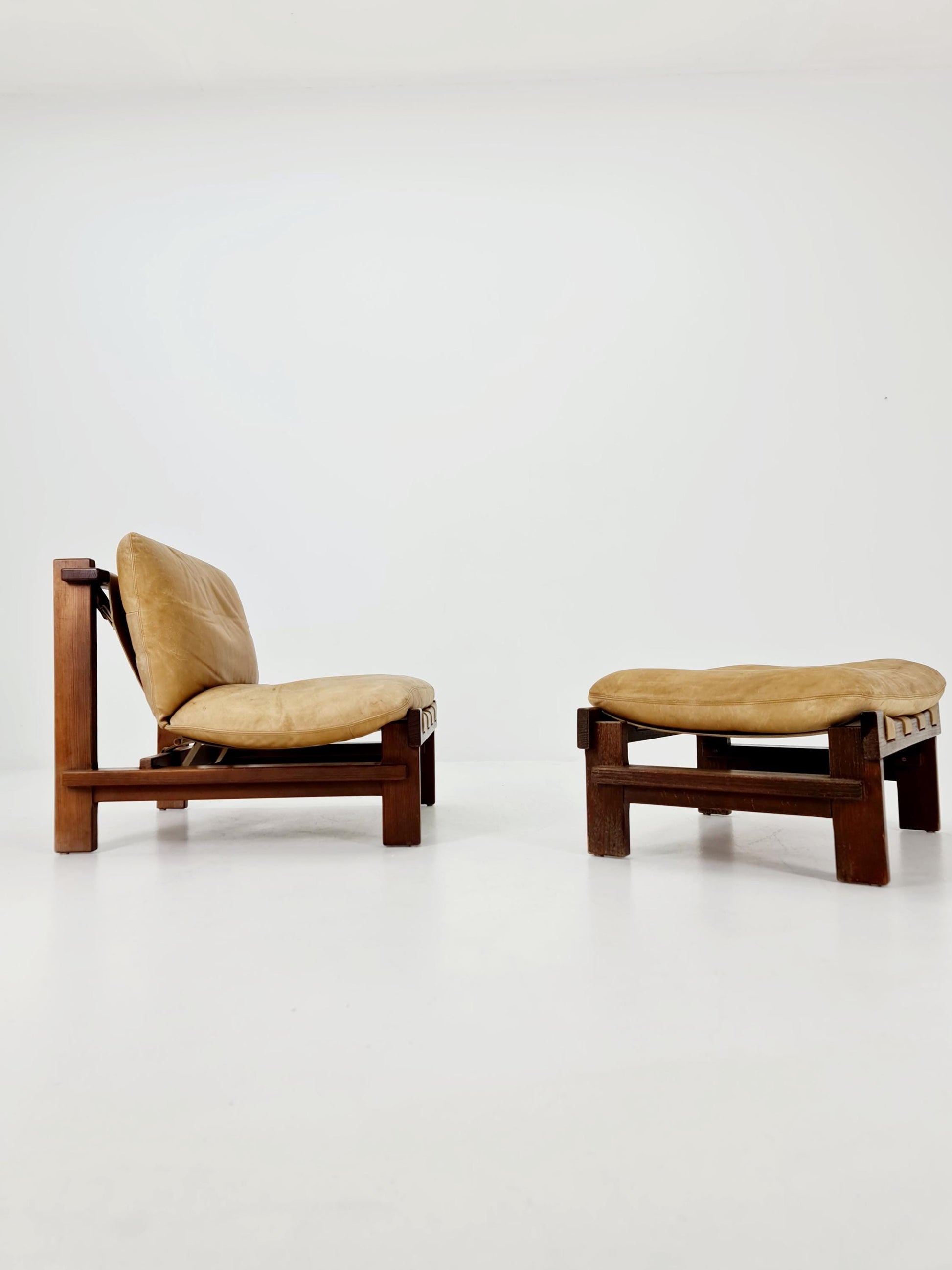 mid century lounge chair with ottoman in leather and wood By Carl Straub Germany , 1960s