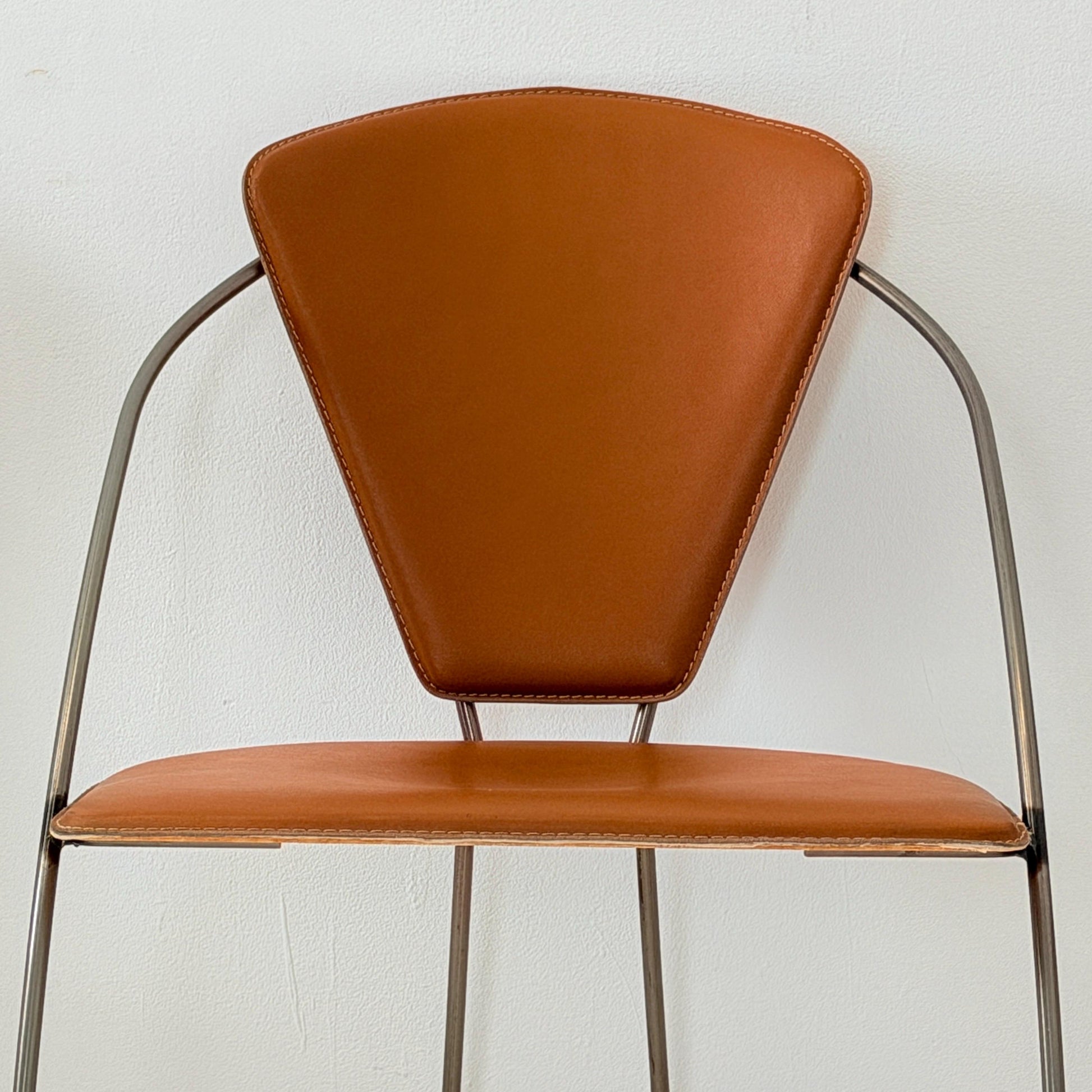 Set of 6 Vintage Interio Croma Tubular Steel Dining Chairs in Brown Natural Leather – Mid Century Modern Chrome Dining Chairs – Germany 1980