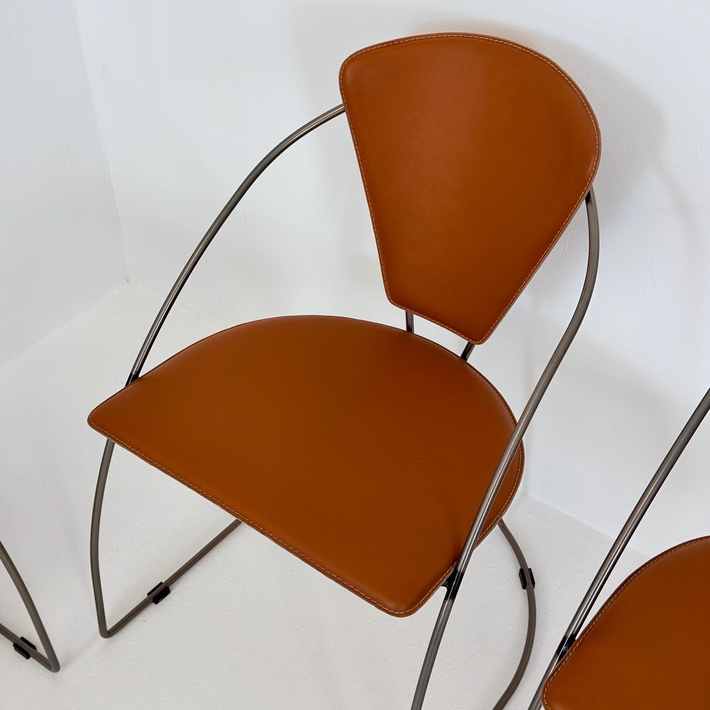 Set of 6 Vintage Interio Croma Tubular Steel Dining Chairs in Brown Natural Leather – Mid Century Modern Chrome Dining Chairs – Germany 1980