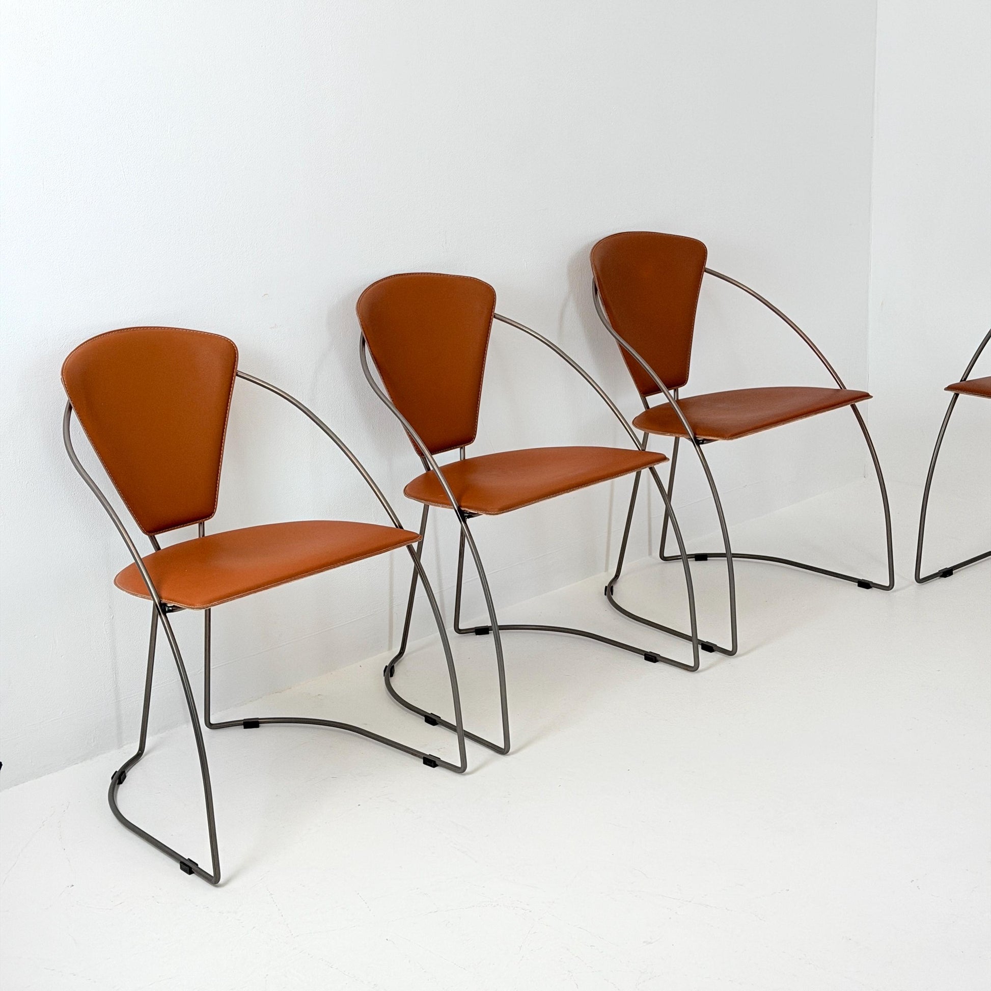 Set of 6 Vintage Interio Croma Tubular Steel Dining Chairs in Brown Natural Leather – Mid Century Modern Chrome Dining Chairs – Germany 1980