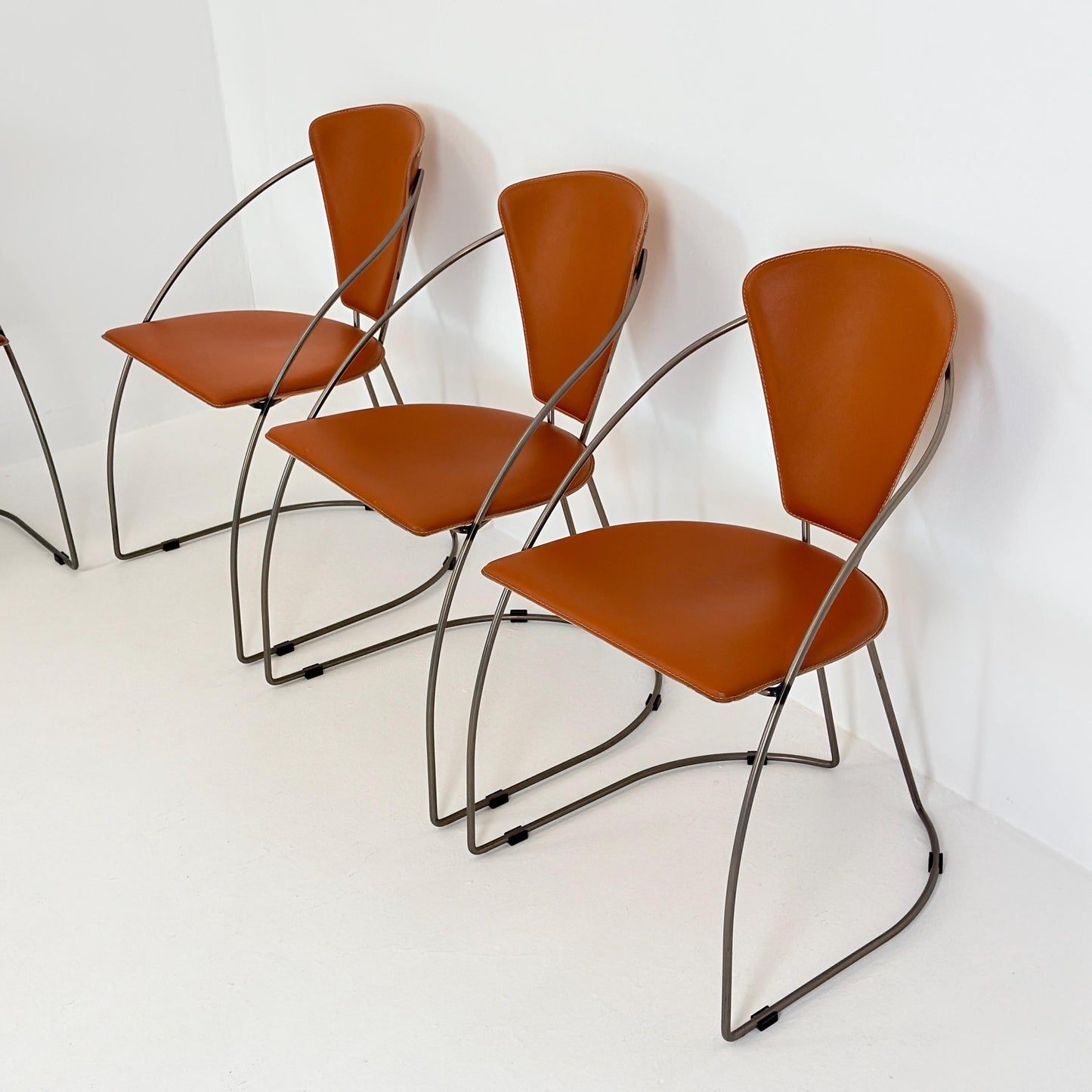 Set of 6 Vintage Interio Croma Tubular Steel Dining Chairs in Brown Natural Leather – Mid Century Modern Chrome Dining Chairs – Germany 1980