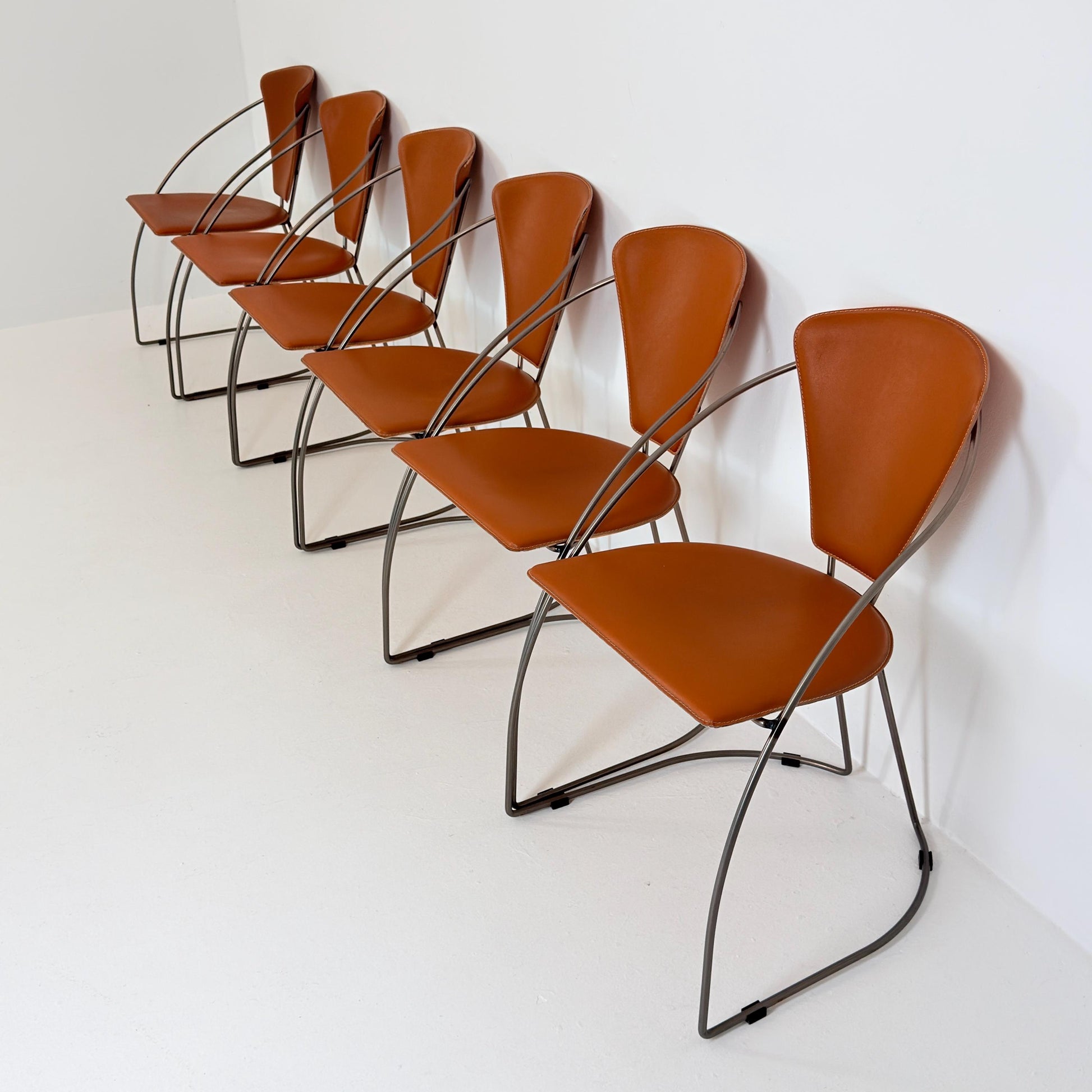 Set of 6 Vintage Interio Croma Tubular Steel Dining Chairs in Brown Natural Leather – Mid Century Modern Chrome Dining Chairs – Germany 1980