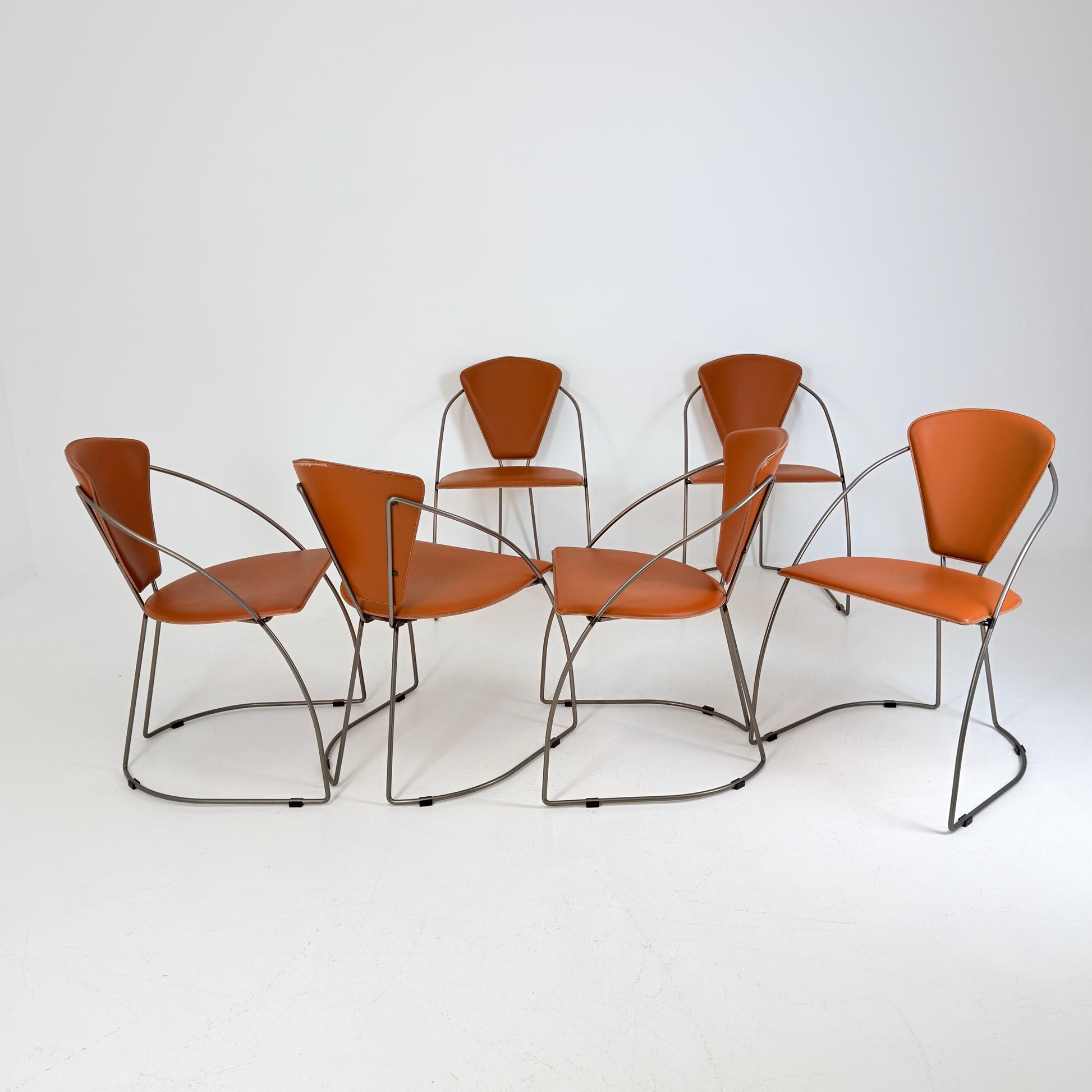Set of 6 Vintage Interio Croma Tubular Steel Dining Chairs in Brown Natural Leather – Mid Century Modern Chrome Dining Chairs – Germany 1980