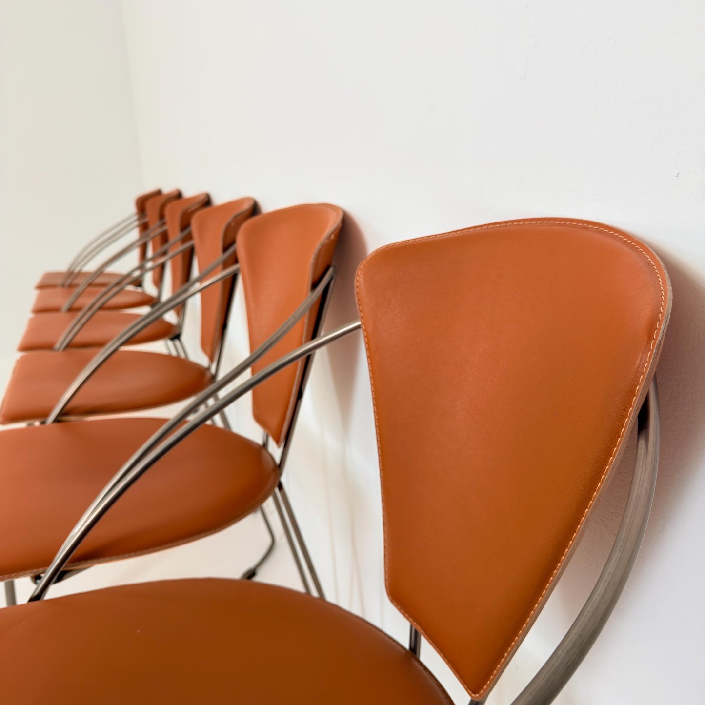 Set of 6 Vintage Interio Croma Tubular Steel Dining Chairs in Brown Natural Leather – Mid Century Modern Chrome Dining Chairs – Germany 1980