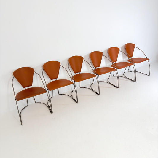 Set of 6 Vintage Interio Croma Tubular Steel Dining Chairs in Brown Natural Leather – Mid Century Modern Chrome Dining Chairs – Germany 1980