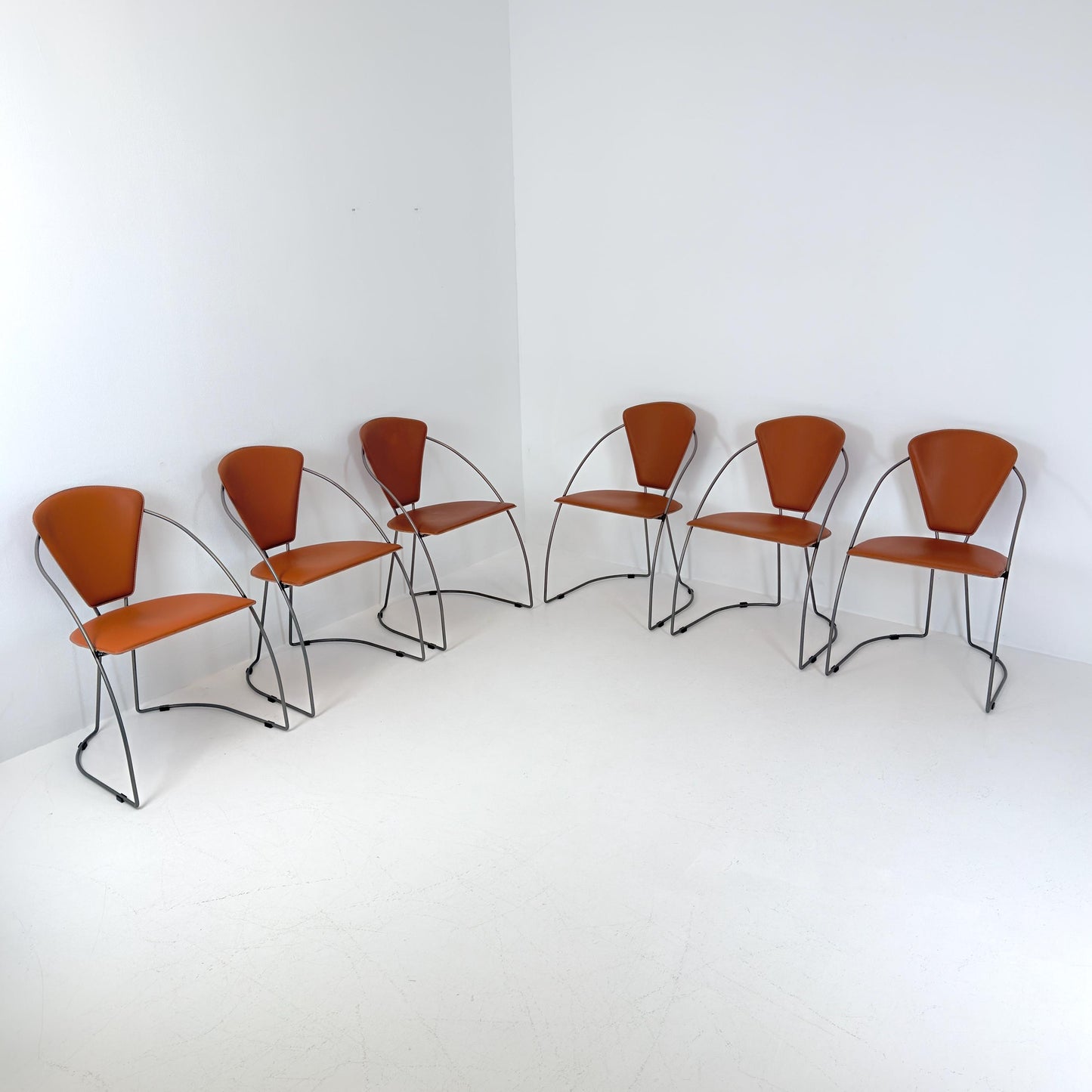 Set of 6 Vintage Interio Croma Tubular Steel Dining Chairs in Brown Natural Leather – Mid Century Modern Chrome Dining Chairs – Germany 1980