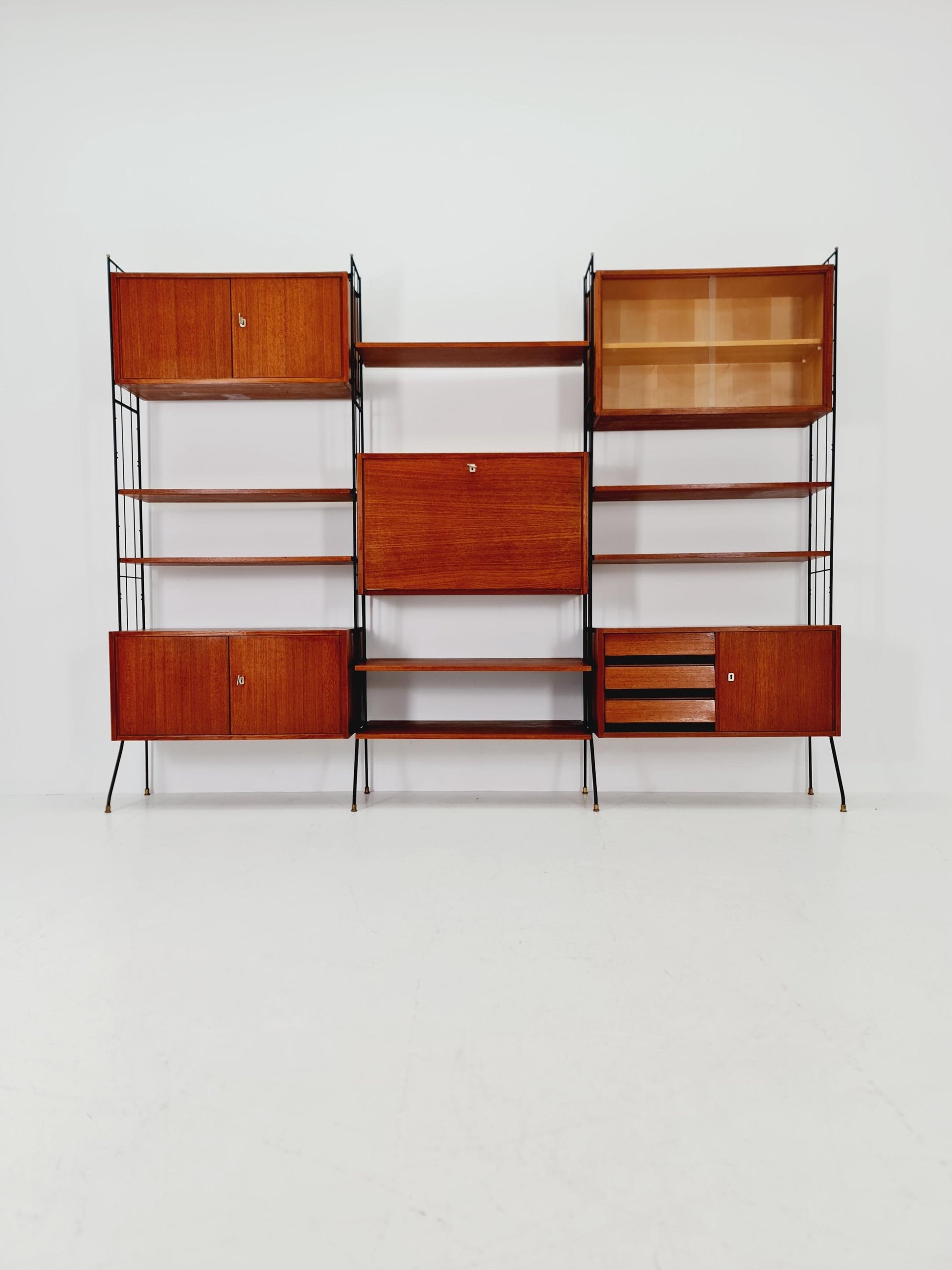 Freestanding string shelf-system unit bookcase teak & metal by Koch Möbel Germany, 1950s