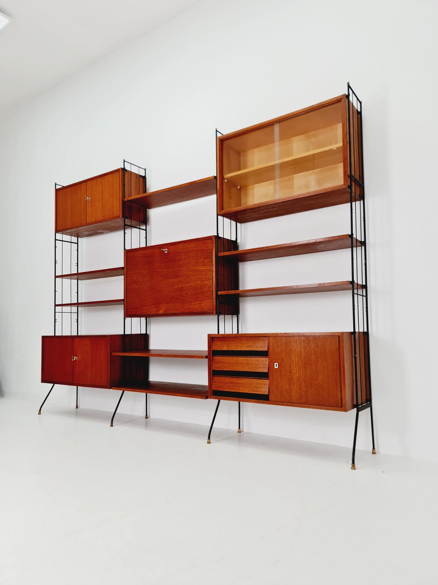 Freestanding string shelf-system unit bookcase teak & metal by Koch Möbel Germany, 1950s