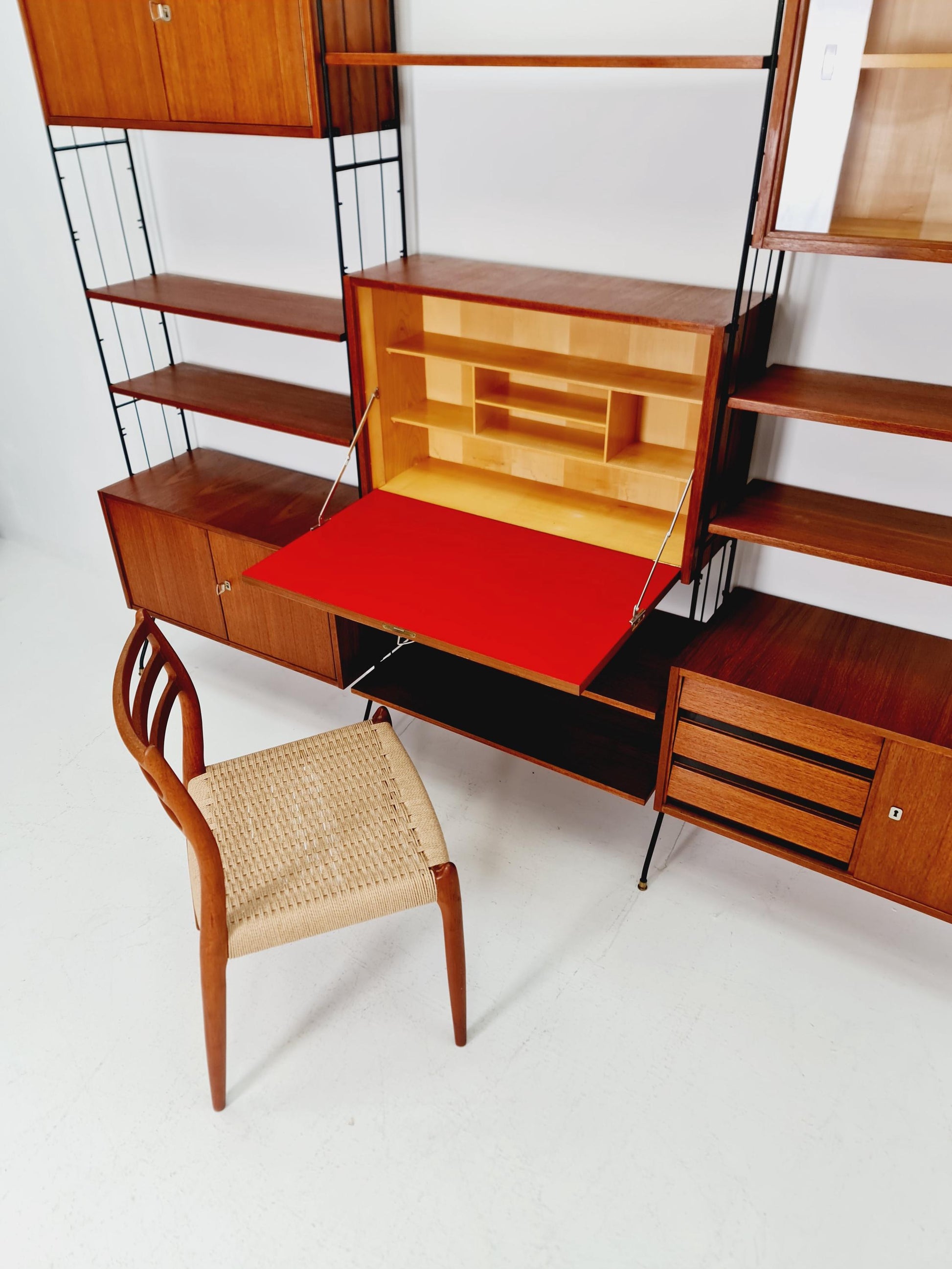 Freestanding string shelf-system unit bookcase teak & metal by Koch Möbel Germany, 1950s
