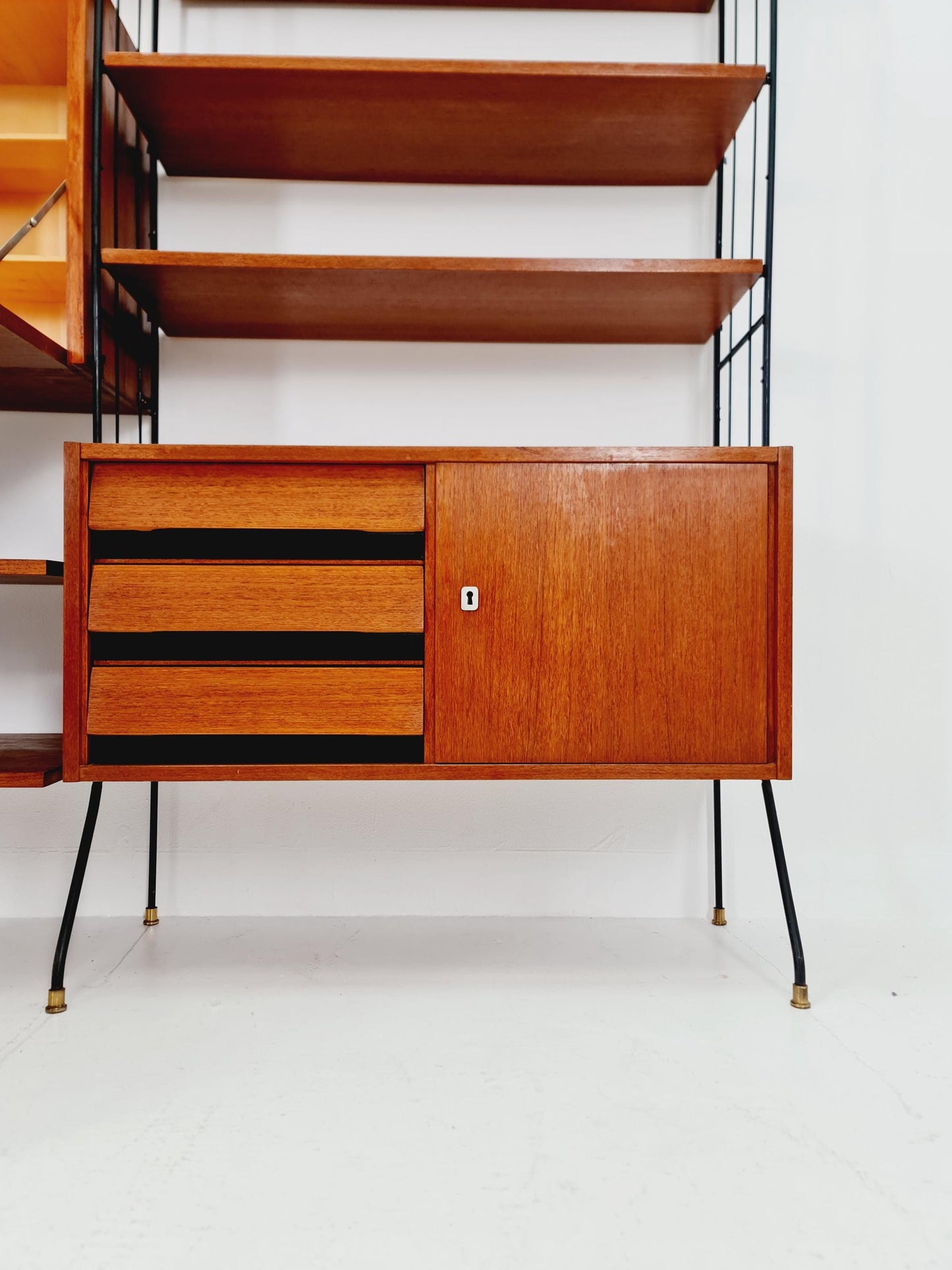 Freestanding string shelf-system unit bookcase teak & metal by Koch Möbel Germany, 1950s
