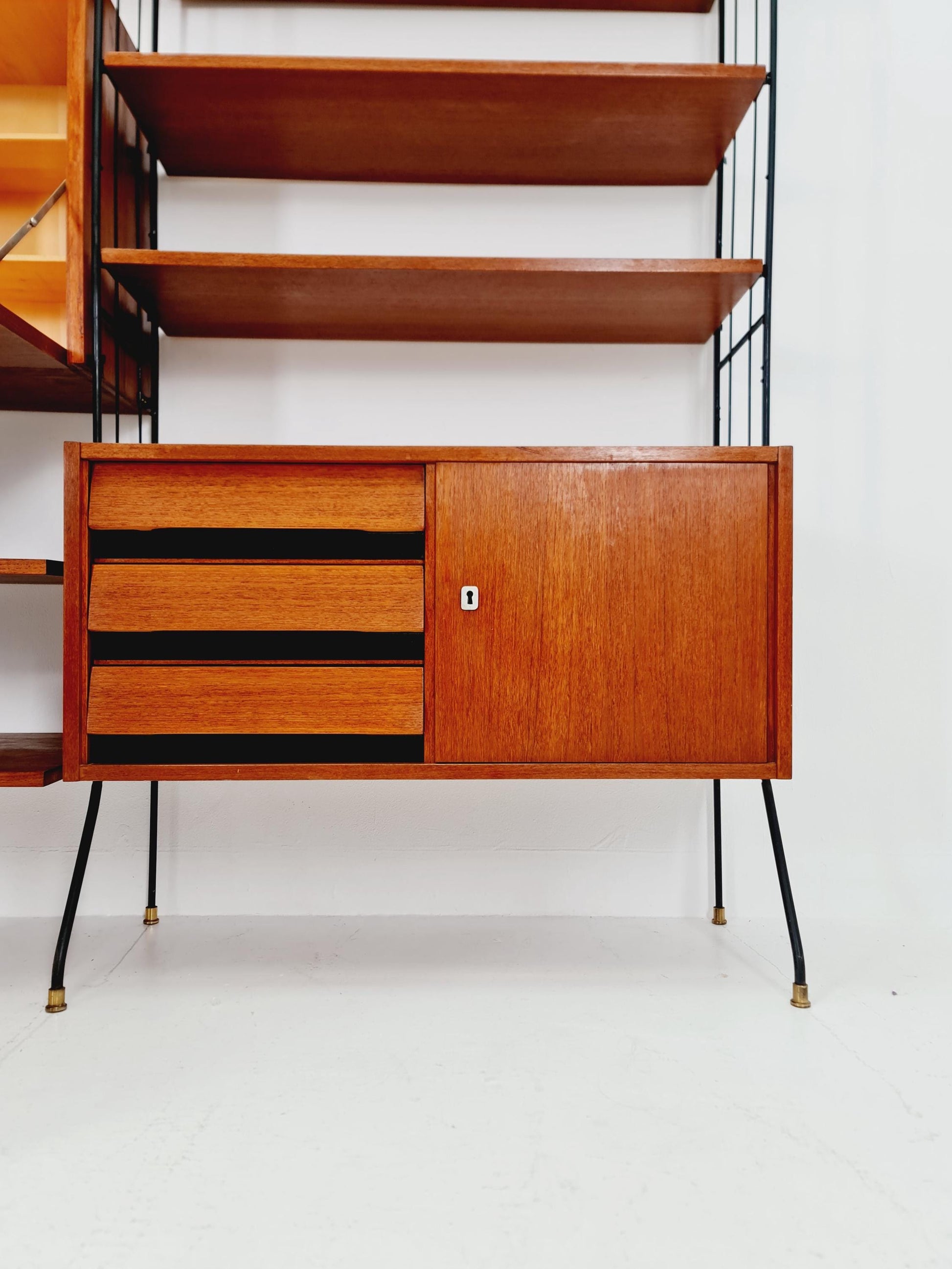 Freestanding string shelf-system unit bookcase teak & metal by Koch Möbel Germany, 1950s