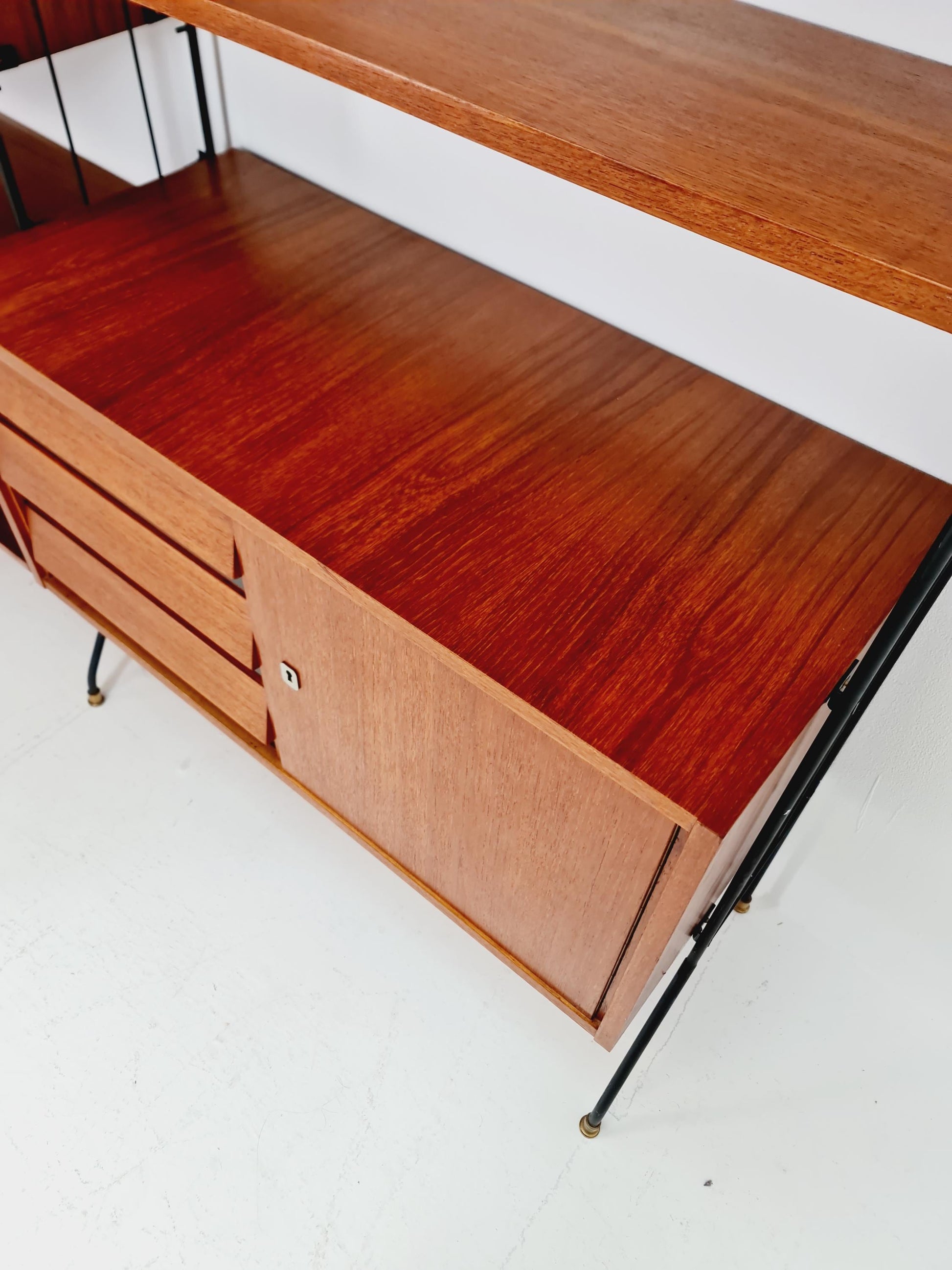 Freestanding string shelf-system unit bookcase teak & metal by Koch Möbel Germany, 1950s