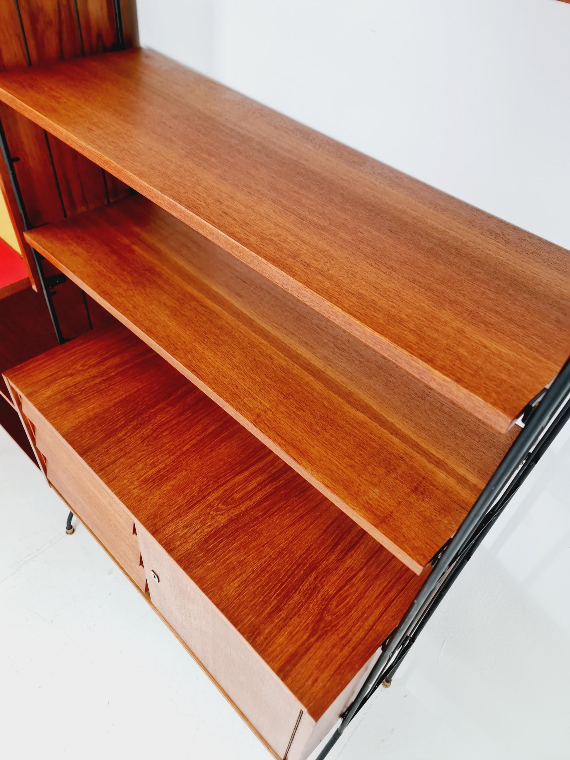 Freestanding string shelf-system unit bookcase teak & metal by Koch Möbel Germany, 1950s