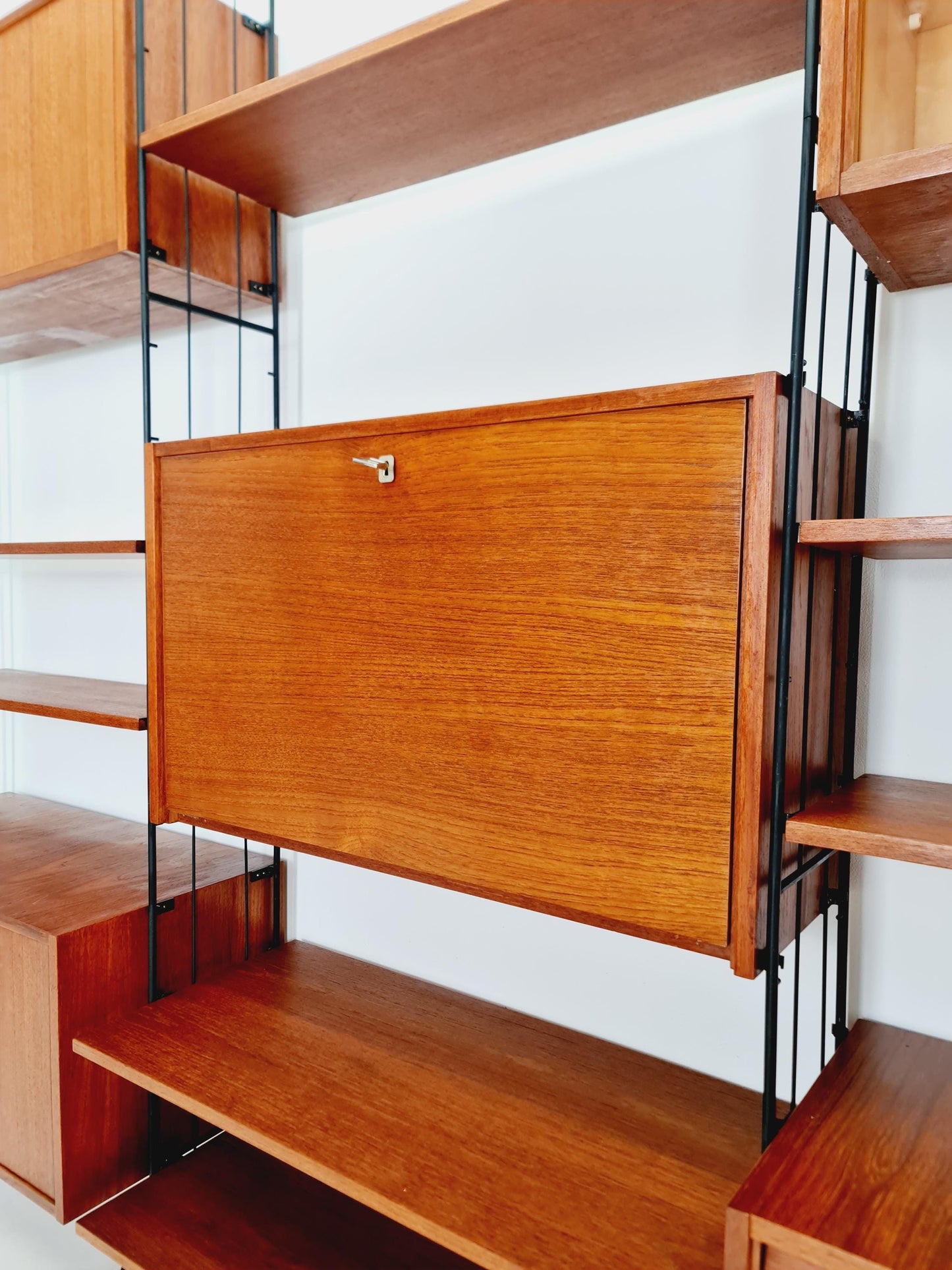 Freestanding string shelf-system unit bookcase teak & metal by Koch Möbel Germany, 1950s