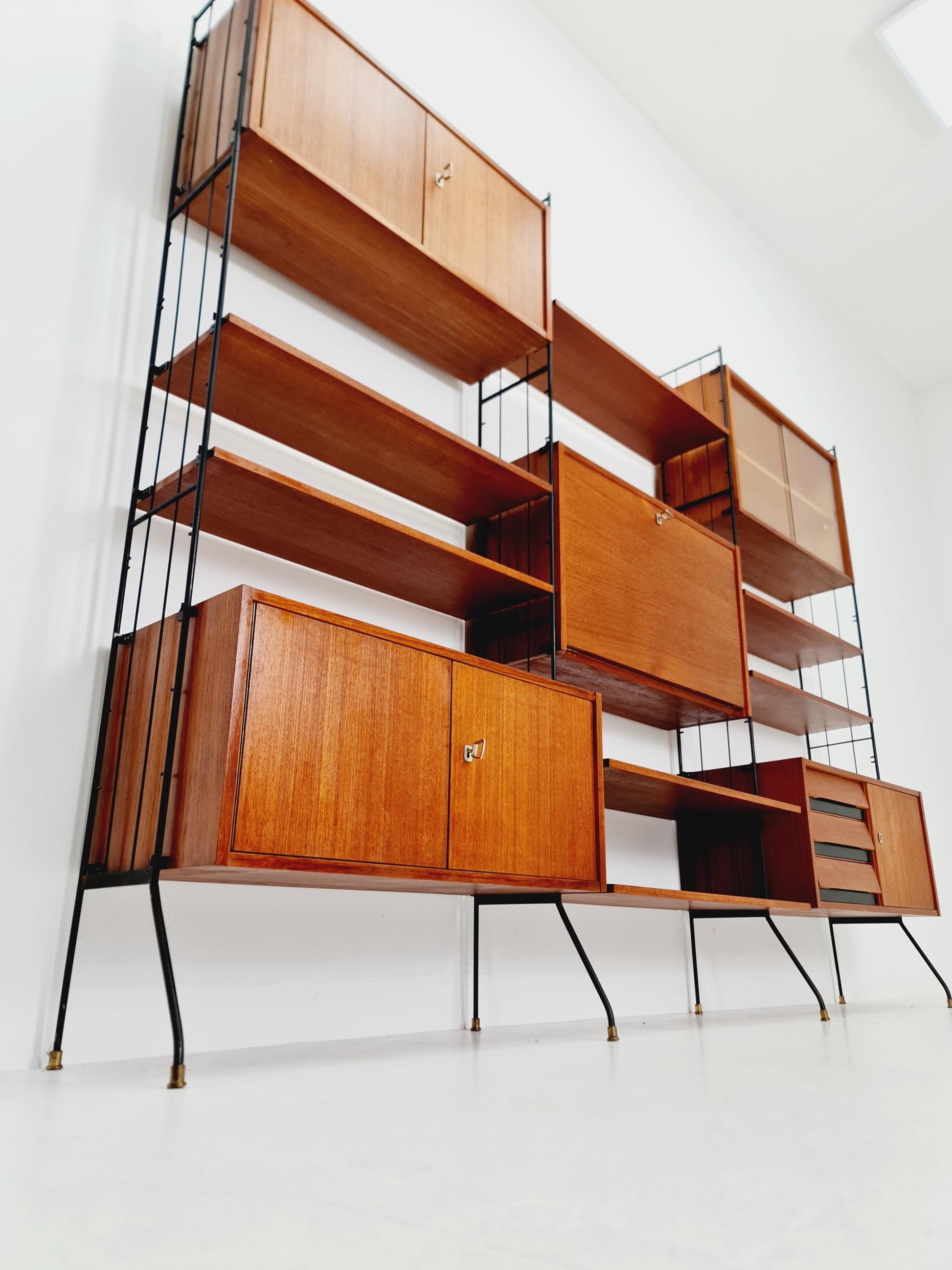 Freestanding string shelf-system unit bookcase teak & metal by Koch Möbel Germany, 1950s