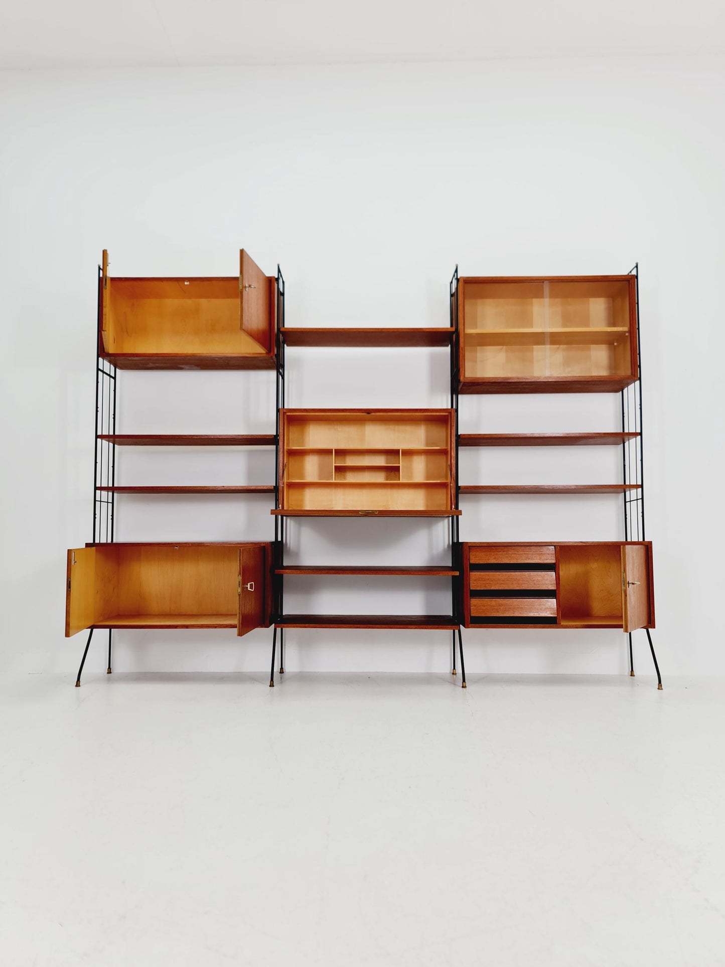 Freestanding string shelf-system unit bookcase teak & metal by Koch Möbel Germany, 1950s
