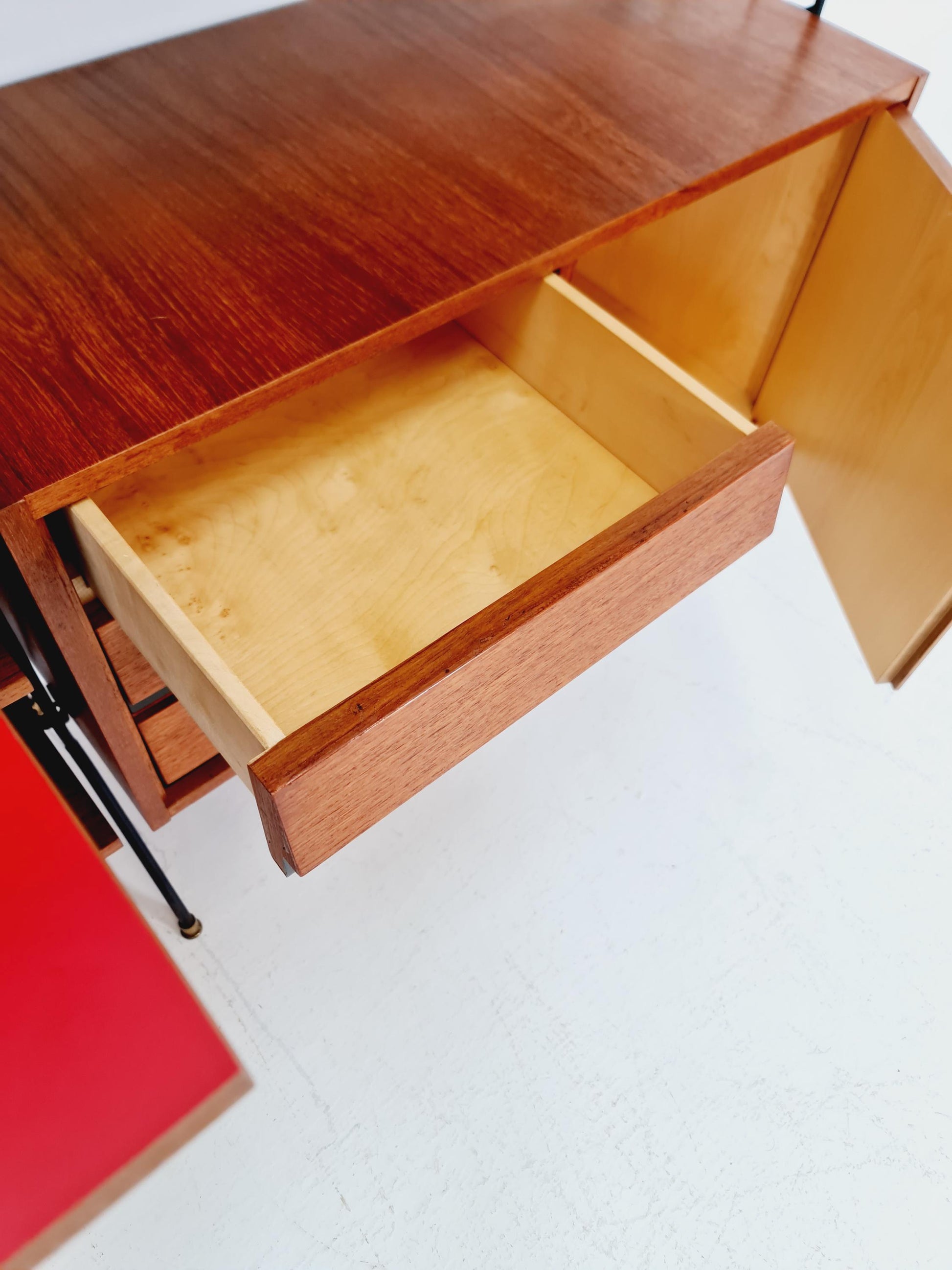 Freestanding string shelf-system unit bookcase teak & metal by Koch Möbel Germany, 1950s