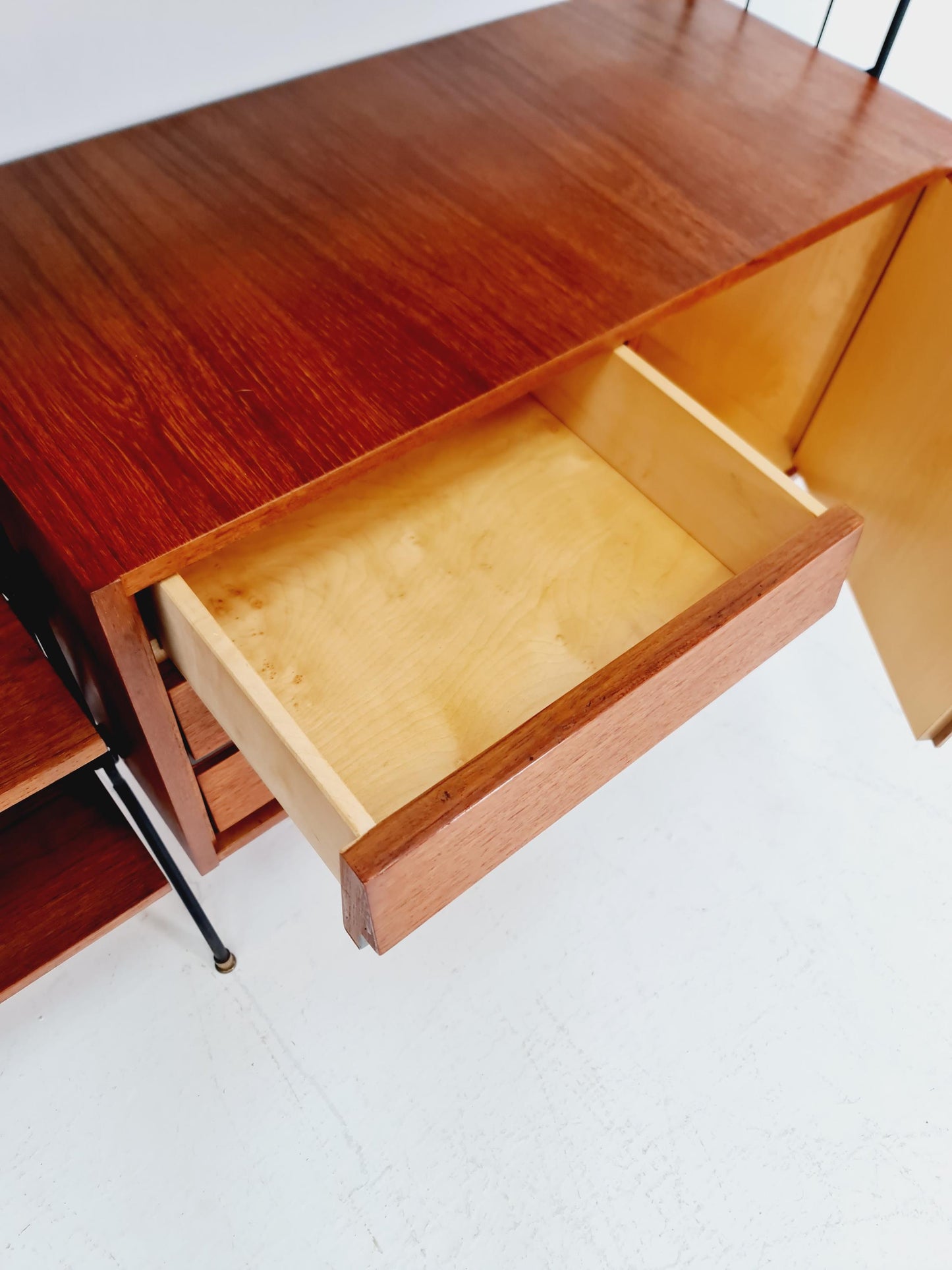 Freestanding string shelf-system unit bookcase teak & metal by Koch Möbel Germany, 1950s