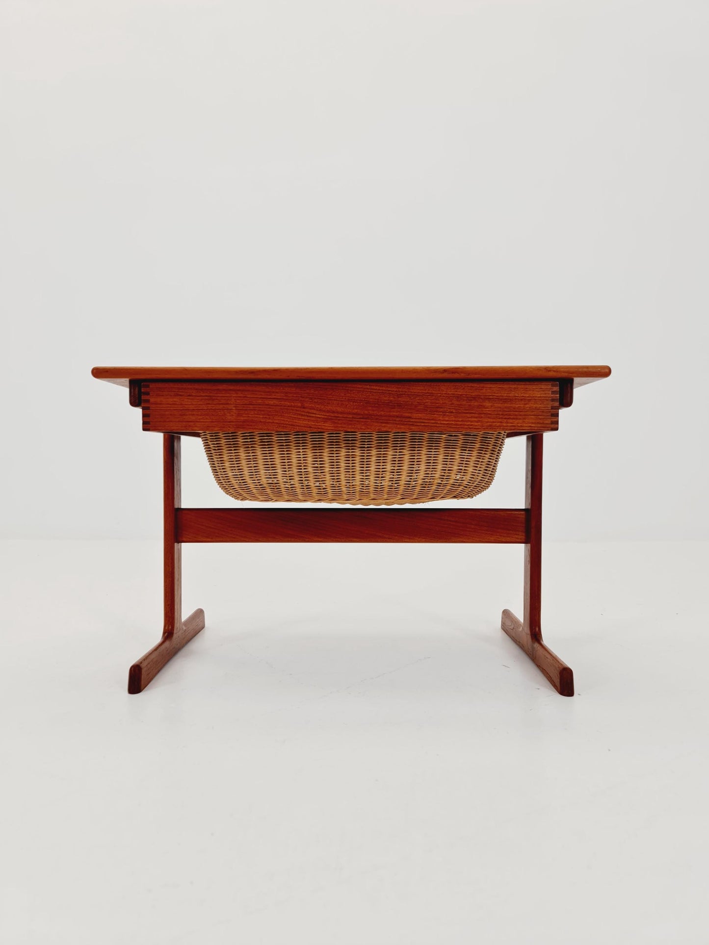 Vintage Danish teak and rattan sewing table/ side table cabinet By Kai Kristiansen for vildbjerg, 1960s