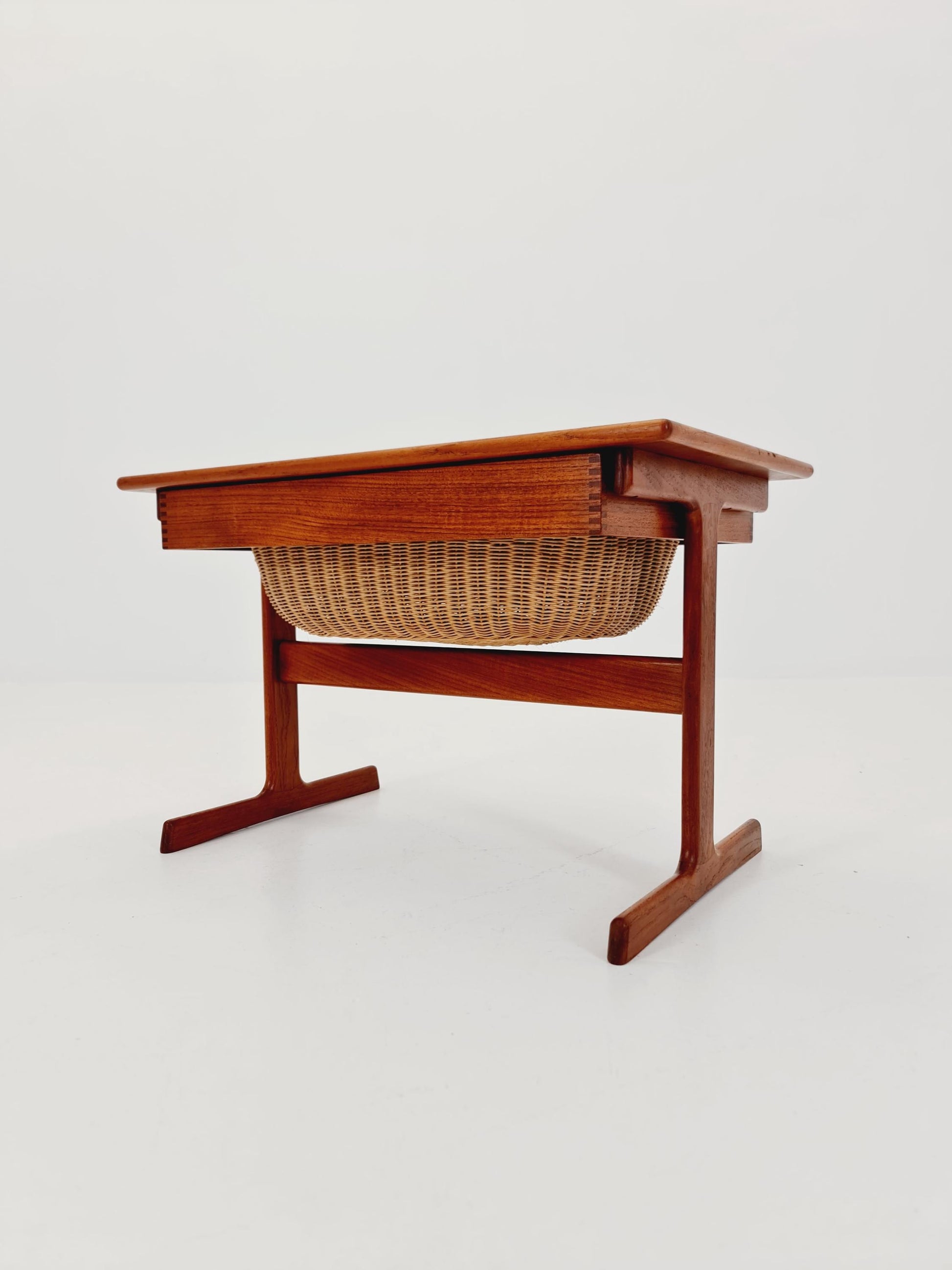 Vintage Danish teak and rattan sewing table/ side table cabinet By Kai Kristiansen for vildbjerg, 1960s