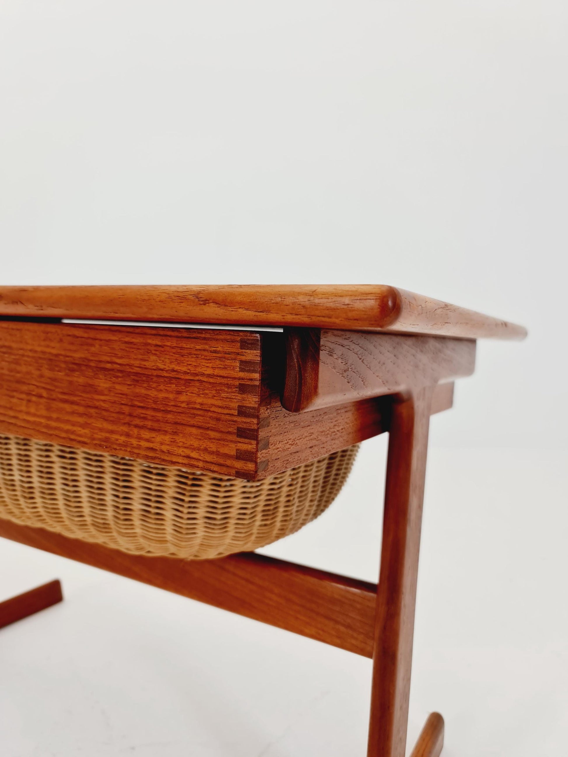Vintage Danish teak and rattan sewing table/ side table cabinet By Kai Kristiansen for vildbjerg, 1960s