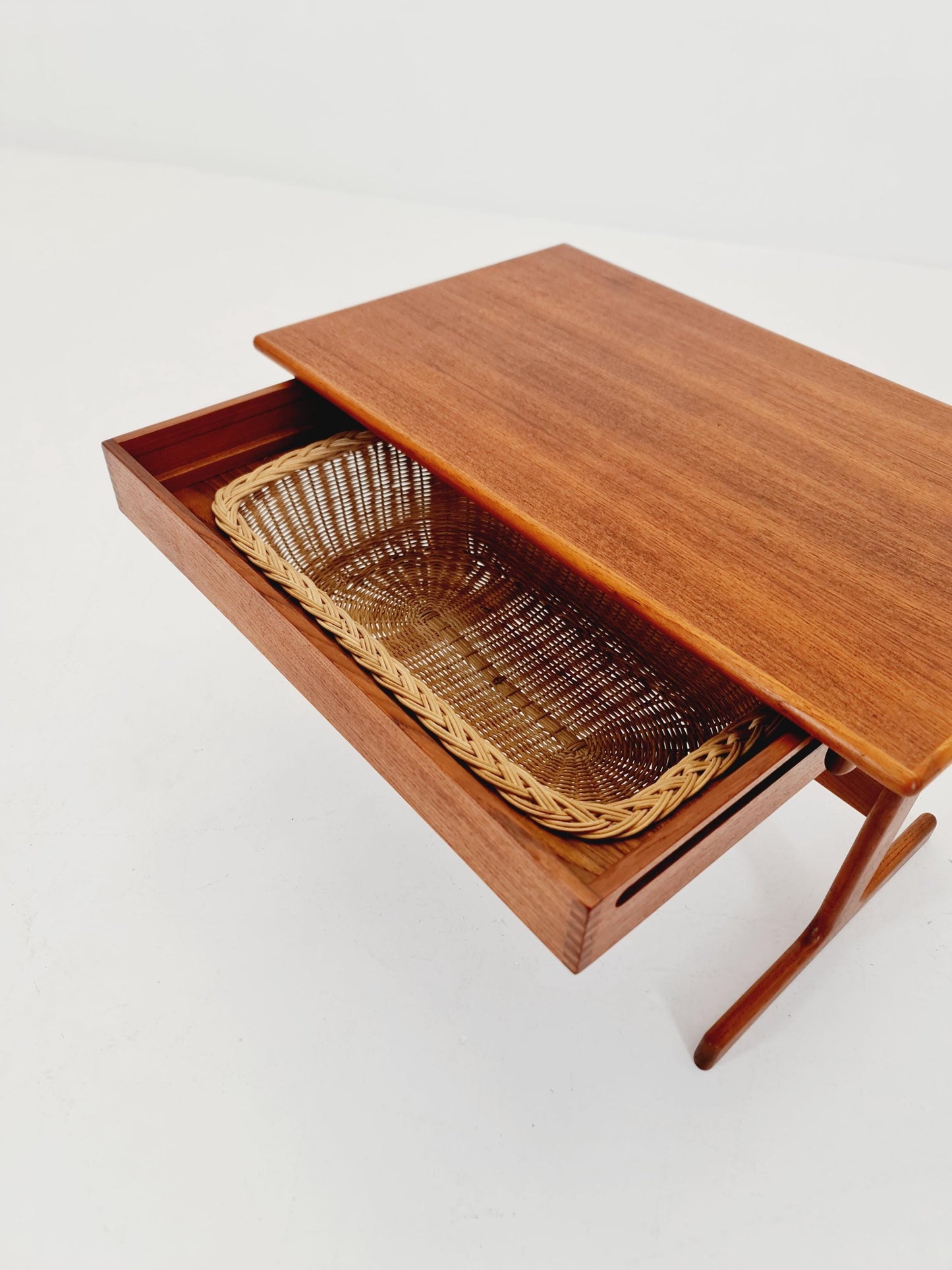 Vintage Danish teak and rattan sewing table/ side table cabinet By Kai Kristiansen for vildbjerg, 1960s