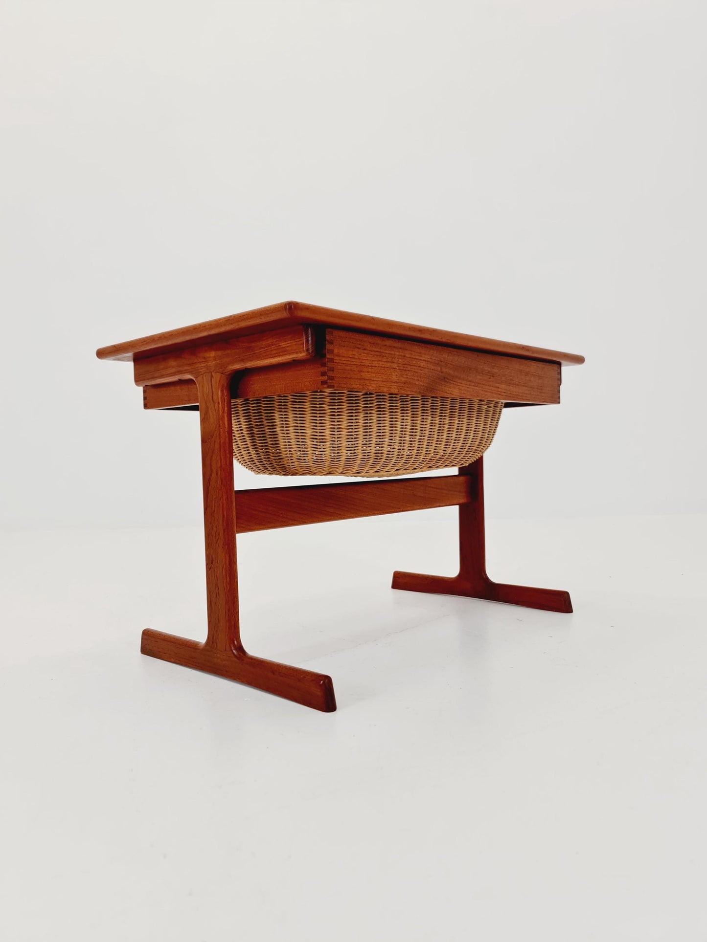 Vintage Danish teak and rattan sewing table/ side table cabinet By Kai Kristiansen for vildbjerg, 1960s