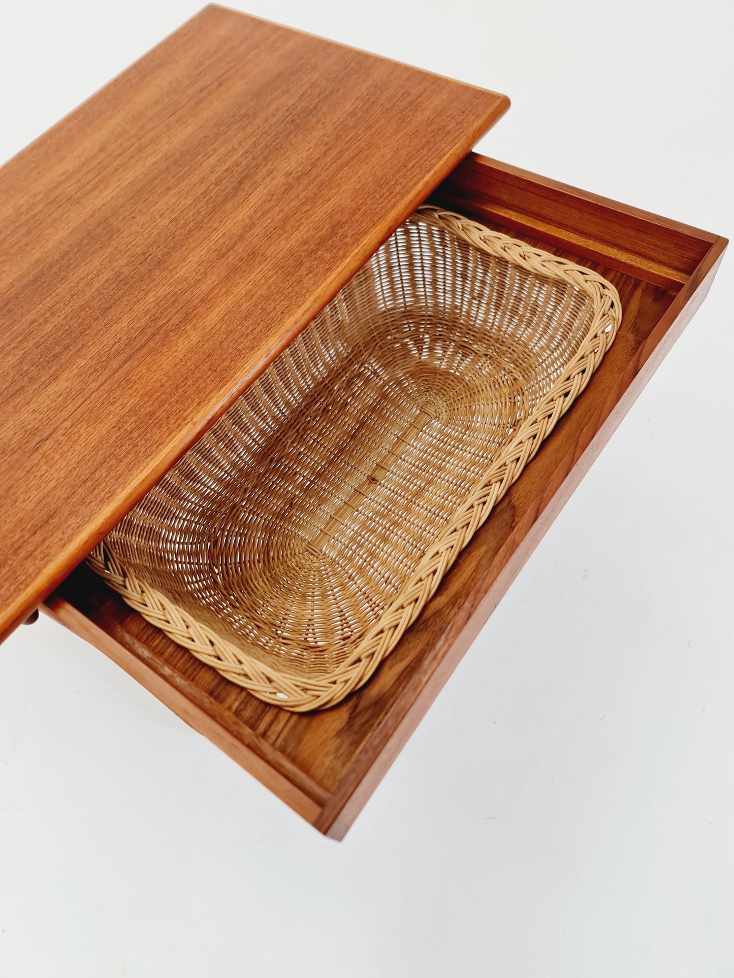 Vintage Danish teak and rattan sewing table/ side table cabinet By Kai Kristiansen for vildbjerg, 1960s