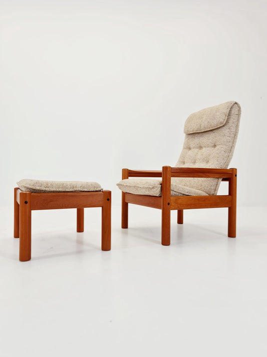 Mid Century Solid teak lounge chair/ Easy chair by Domino Mobler with Ottoman, 1960s