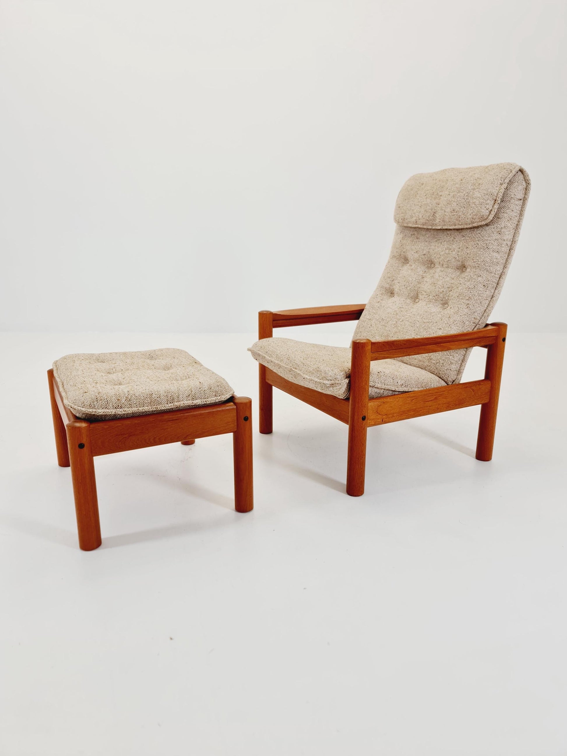 Mid Century Solid teak lounge chair/ Easy chair by Domino Mobler with Ottoman, 1960s
