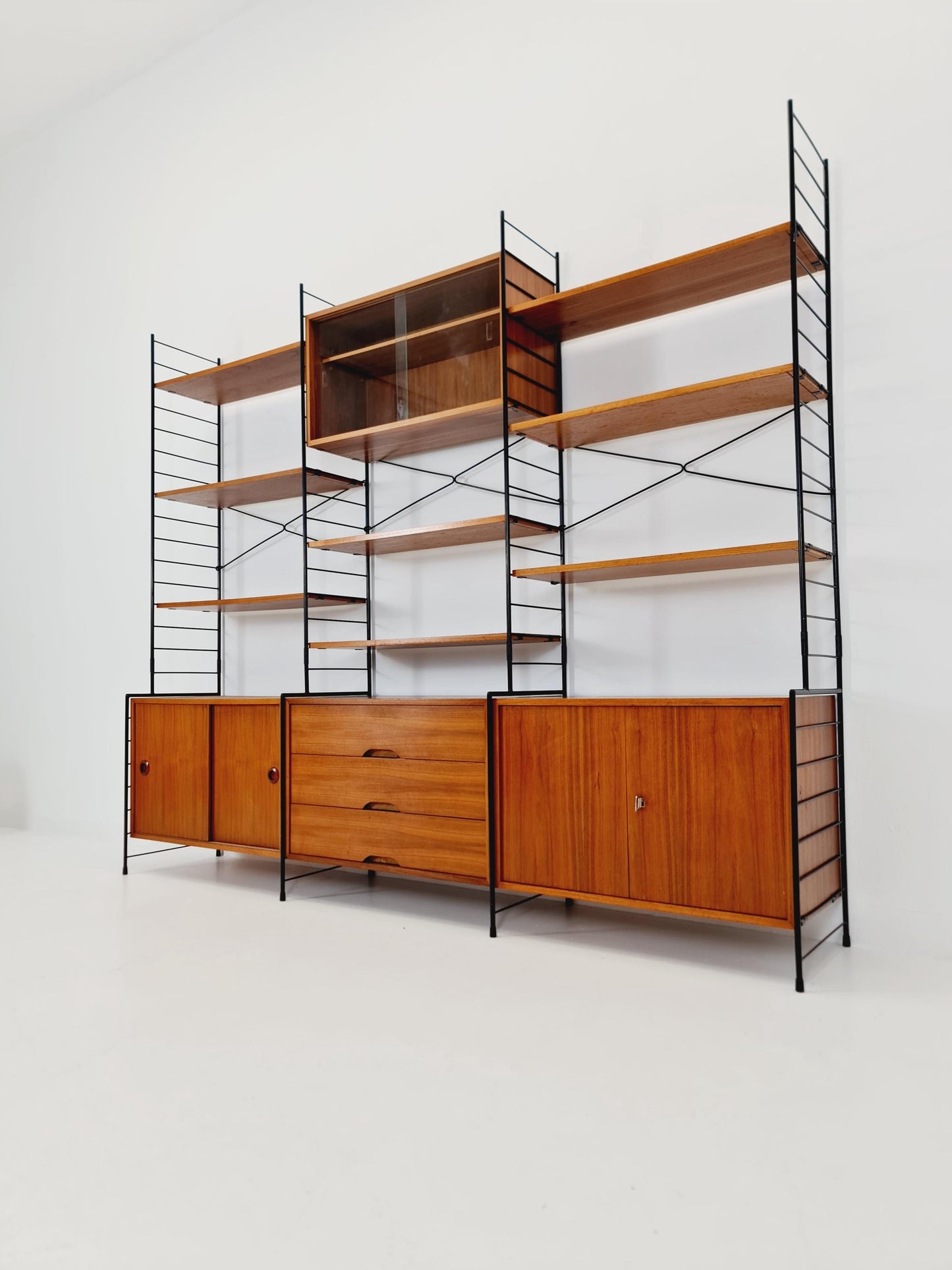 Mid century String shelf-system, bookcase with 3 cabinet and show case walnut wood by WHB Germany, 1950s