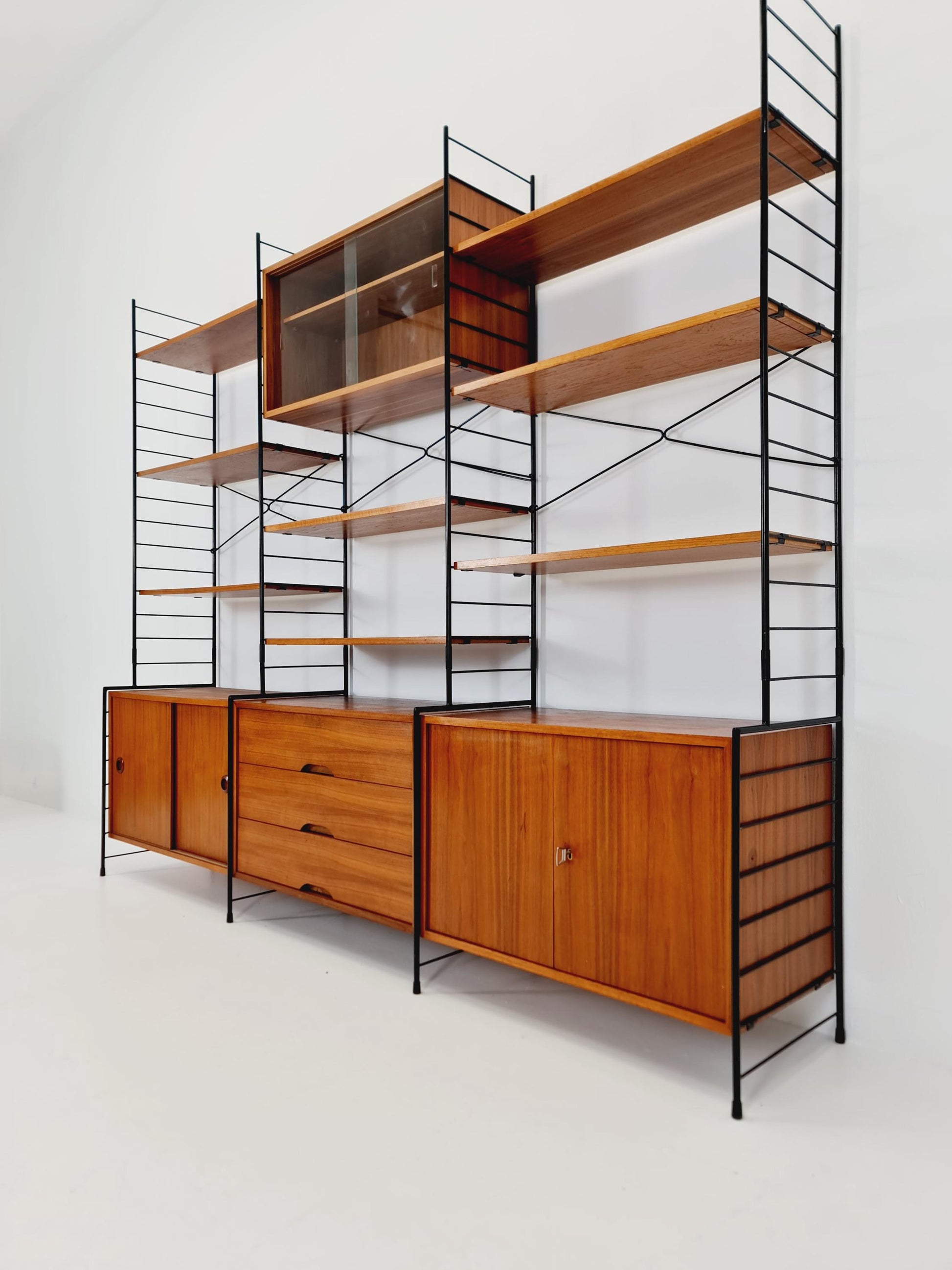 Mid century String shelf-system, bookcase with 3 cabinet and show case walnut wood by WHB Germany, 1950s