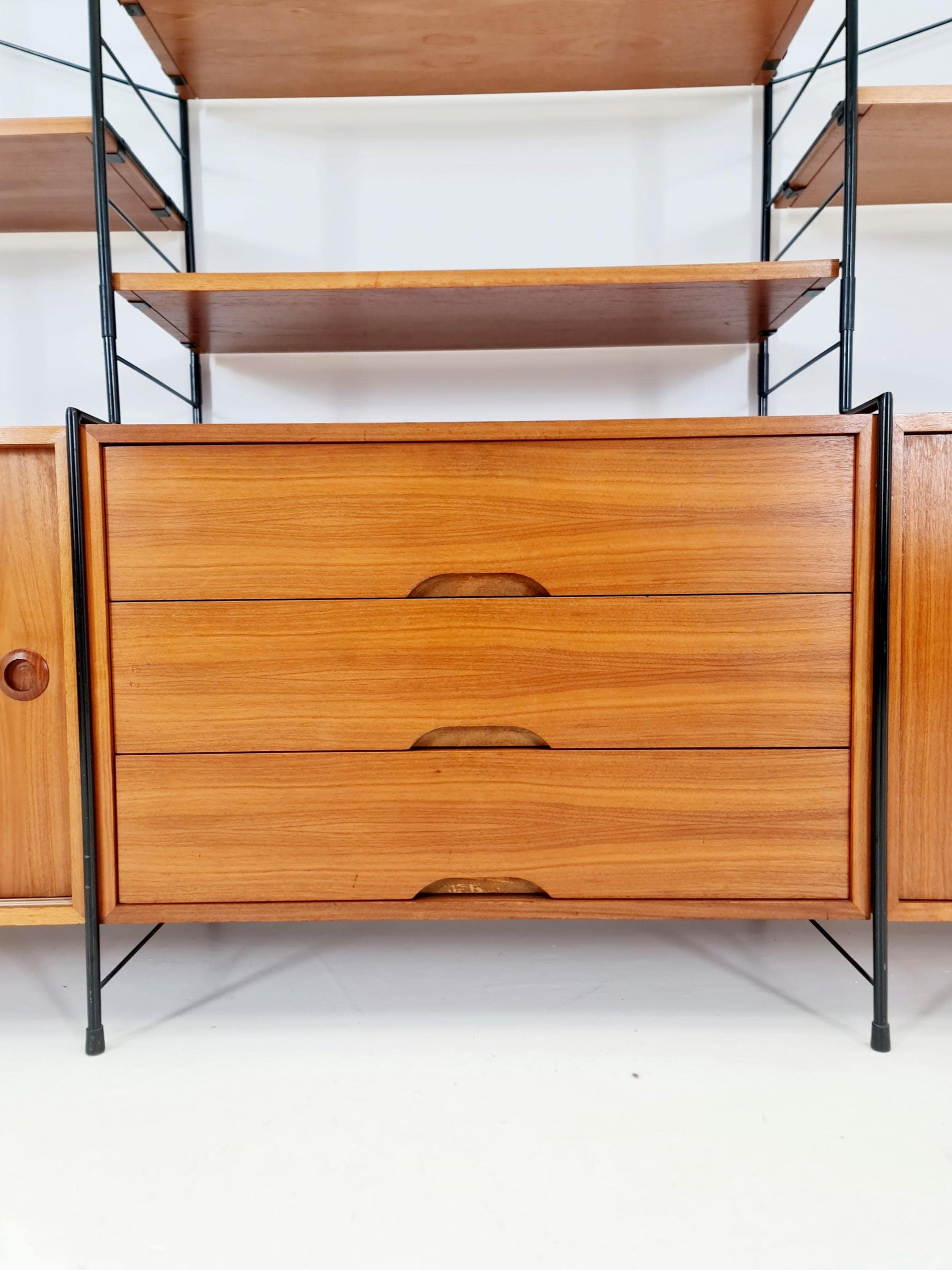 Mid century String shelf-system, bookcase with 3 cabinet and show case walnut wood by WHB Germany, 1950s