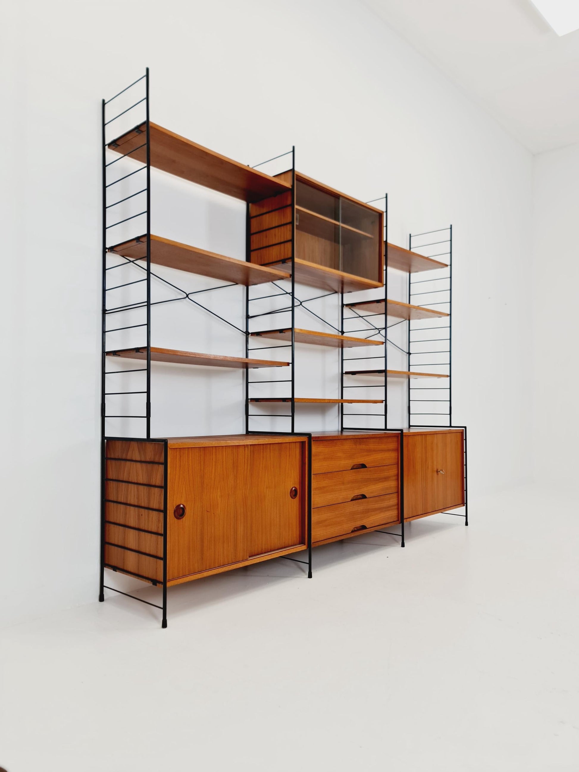 Mid century String shelf-system, bookcase with 3 cabinet and show case walnut wood by WHB Germany, 1950s
