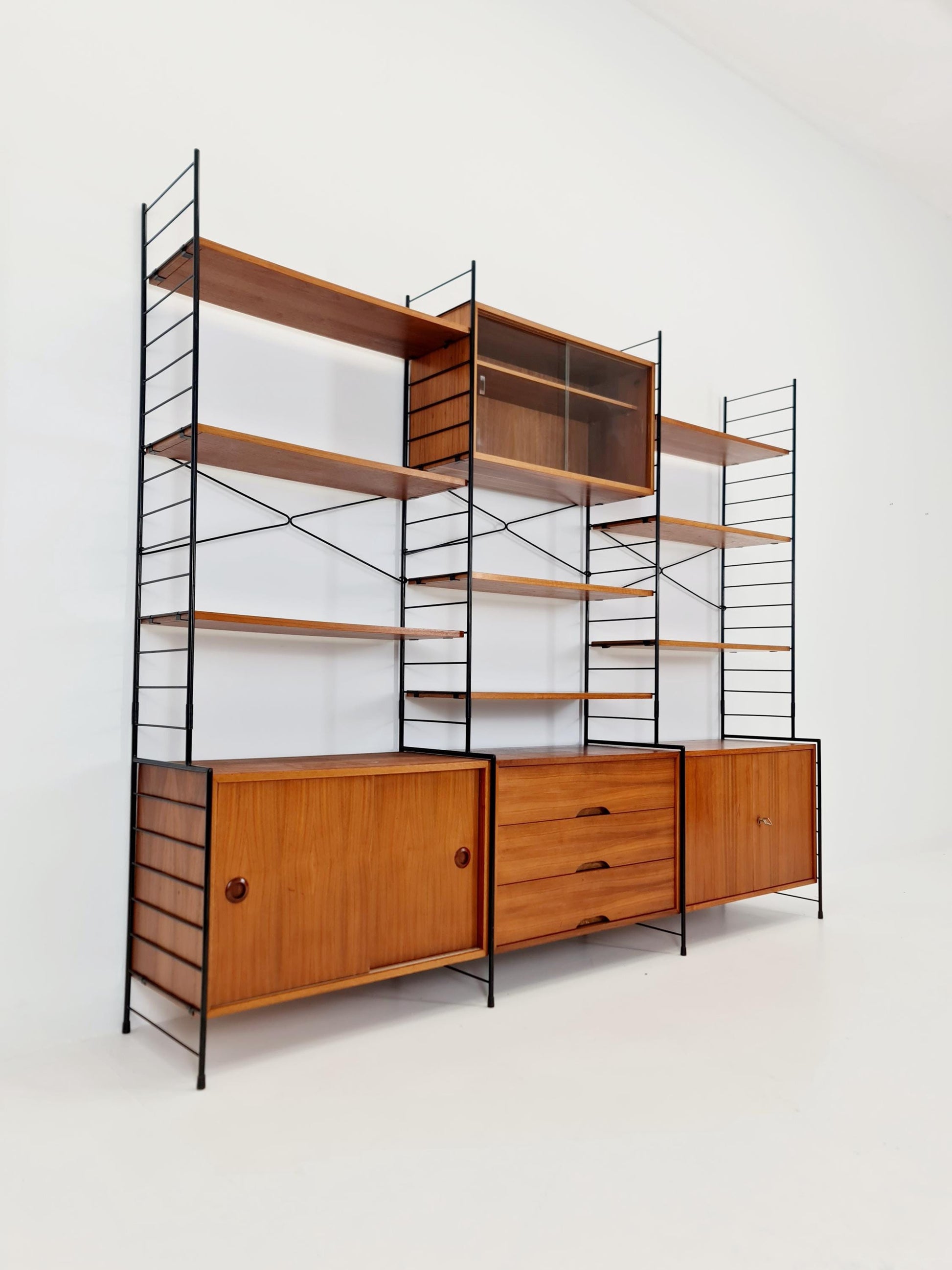 Mid century String shelf-system, bookcase with 3 cabinet and show case walnut wood by WHB Germany, 1950s