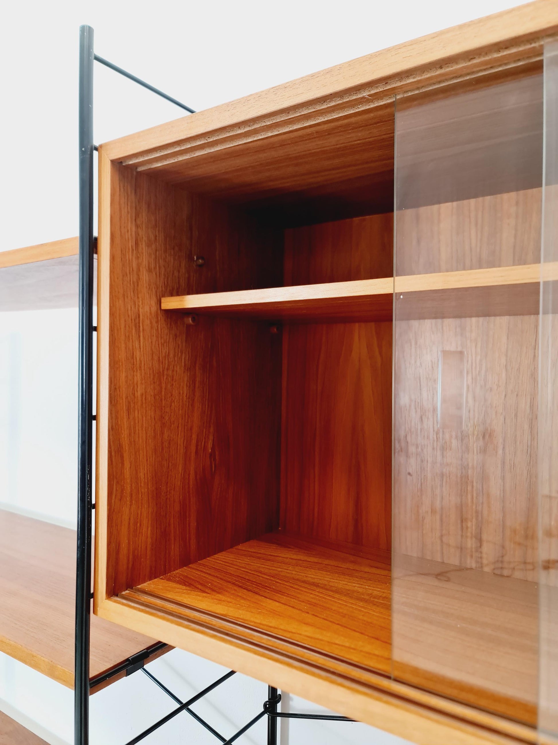 Mid century String shelf-system, bookcase with 3 cabinet and show case walnut wood by WHB Germany, 1950s